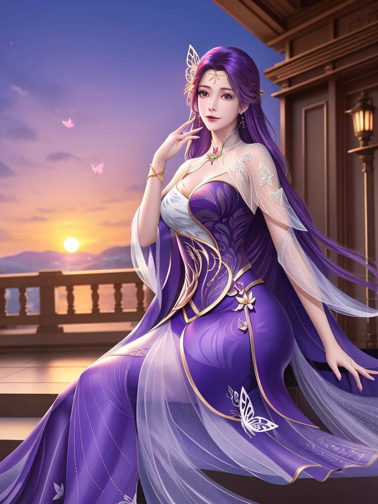 Reality（1.4），detail， sunset，  Woman sitting on the stairs outside the library，WMSJ Yunxi   ,  1 female, skirt, alone,  butterfly hair accessories , long hair,   purple hair  , jewelry,    Watching the audience  , earrings, shawl, [Shut up,前額jewelry, Feather coat,   Mature Women  , ， 