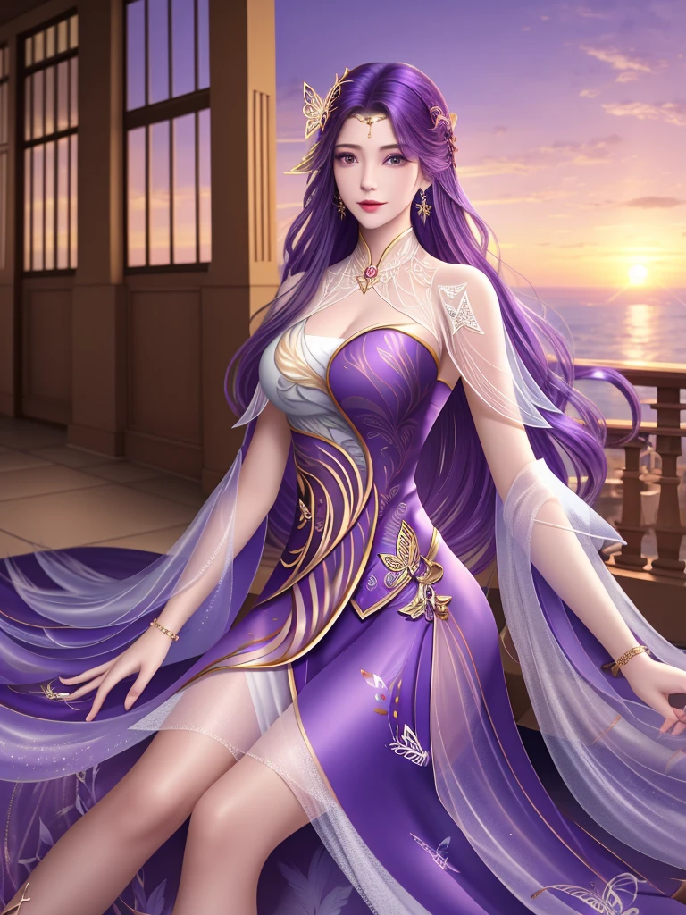 Reality（1.4），detail， sunset，  Woman sitting on the stairs outside the library，WMSJ Yunxi   ,  1 female, skirt, alone,  butterfly hair accessories , long hair,   purple hair  , jewelry,    Watching the audience  , earrings, shawl, [Shut up,前額jewelry, Feather coat,   Mature Women  , ， 