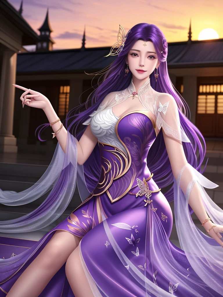 Reality（1.4），detail， sunset，  Woman sitting on the stairs outside the library，WMSJ Yunxi   ,  1 female, skirt, alone,  butterfly hair accessories , long hair,   purple hair  , jewelry,    Watching the audience  , earrings, shawl, [Shut up,前額jewelry, Feather coat,   Mature Women  , ， 