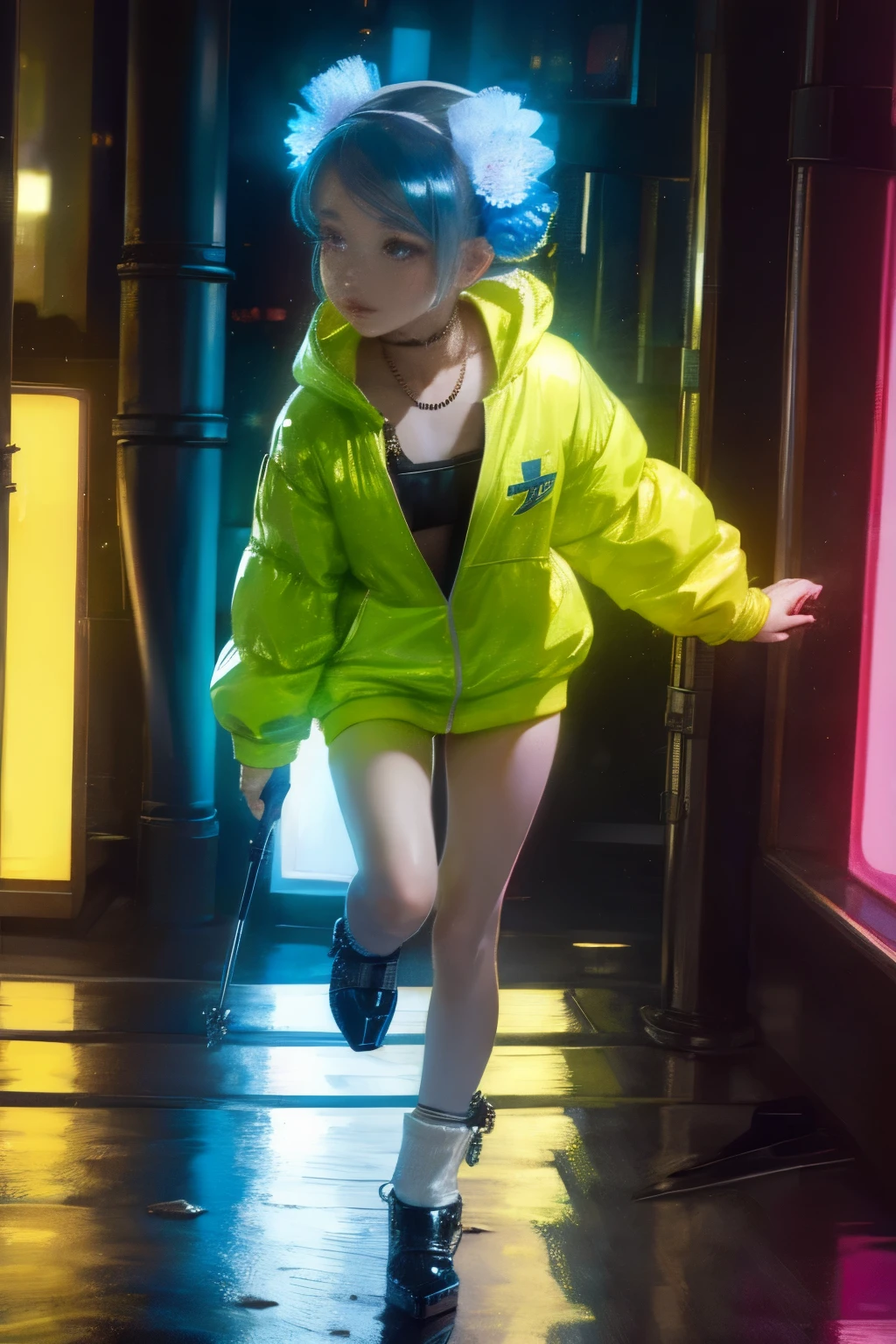 “Luce,” the young, symbolic mascot for the 2025 Jubilee, as she sprints with determination through the bustling streets of Tokyo. She embodies themes of faith, guidance, and community, and her dynamic movement contrasts with her calm, resilient expression. Luce has short, light sky-blue hair that peeks out from beneath the oversized hood of her bright yellow raincoat, creating a vibrant contrast against the urban backdrop. Her eyes are a deep, intense blue, adorned with scallop shell motifs that symbolize hope and pilgrimage, giving her gaze a mixture of determination and calm focus, even as she runs.
On her chest, she wears the official 2025 Jubilee logo, depicting four figures following a cross, forming a shape reminiscent of a ship. This logo captures the Catholic Church’s vision of faith as a journey taken together, with believers moving forward under divine guidance.
Around her neck, Luce wears a traditional Catholic rosary with colorful beads, each one unique in color. The rosary stands out against her bright raincoat, symbolizing her devotion and spirituality, and adding a sense of tradition to her youthful appearance.
In her right hand, she holds a two-pronged shepherd’s staff, with one prong slightly longer than the other. This staff, made of phosphorescent material, emits a soft greenish glow that leaves a faint trail as she dashes through the city. The glow illuminates parts of her raincoat and reflects off nearby surfaces, adding an otherworldly aura to her presence in the modern cityscape.
Her green boots are worn and stained with red-tinged mud around the soles, showing the miles she’s traveled. They make contact with the wet pavement, kicking up small splashes as she races forward, her boots representing both her grounded nature and resilience.
The Tokyo setting is alive with energy—neon lights, busy sidewalks, and towering buildings—but Luce remains the focal point, a symbol of faith and purpose in the midst of the city’s rush. Raindrops might b