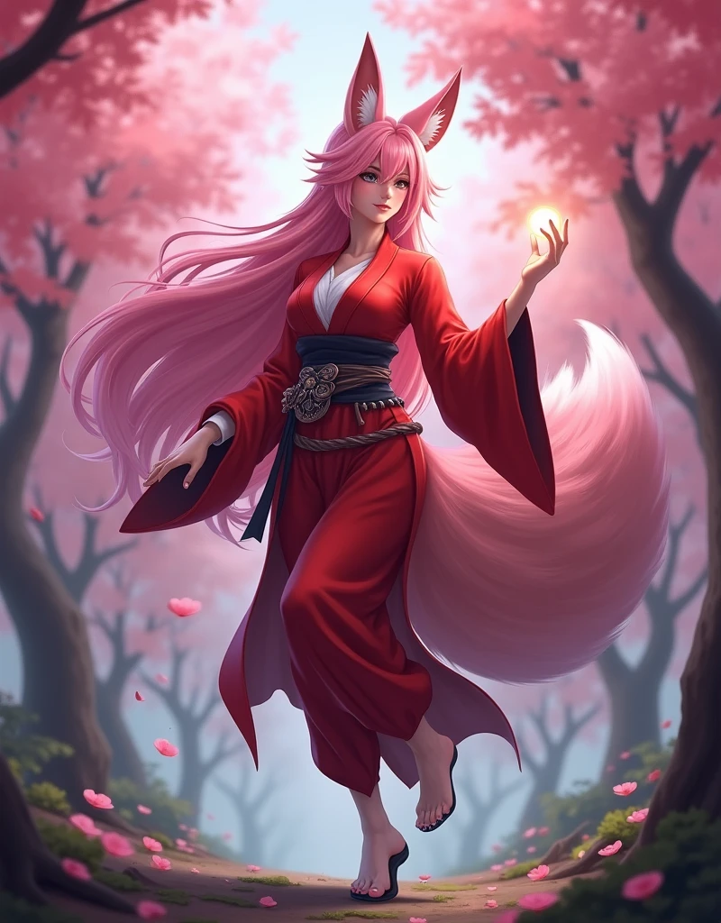 LeagueofLegendsAhri, full body photo, perfect hands, long pink hair, nine fox tails on the tailbone, pink fox ears, red samurai outfit, using energy ball on hand, wallpaper, peach orchard, stream background, oriental sexy face, whole body, long shot , game screen