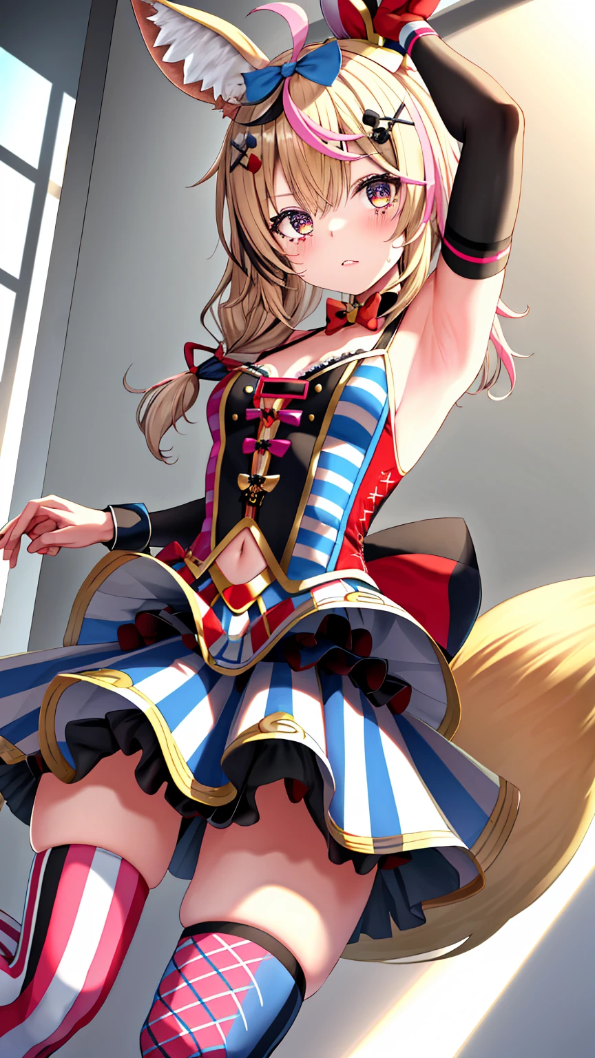 Masterpiece, Best Quality, High Definition, OP1, Animal Ears, Hair Clip, Striped Hair, Hair Bow, Clown Hat, Fox Tail, Thighs, Navel Clippings, Mismatched Legwear, Elbow Gloves, Red Gloves, Bare Shoulders, Vertical Stripes, Skirt,black pantie,impregnation,sweat,upskirt、Voyeur、Reverse Shooting