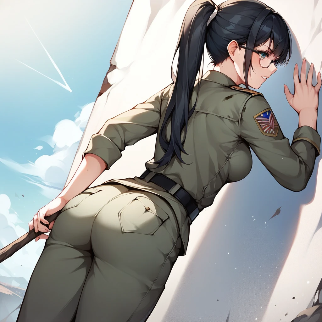 Black Hair, long hair, ponytail,Glasses,uniform,Dirty clothes, tattered clothes,battlefield, with both hands on the wall, stick their butts out,Surrender,defeated soldiers, 1 girl, 