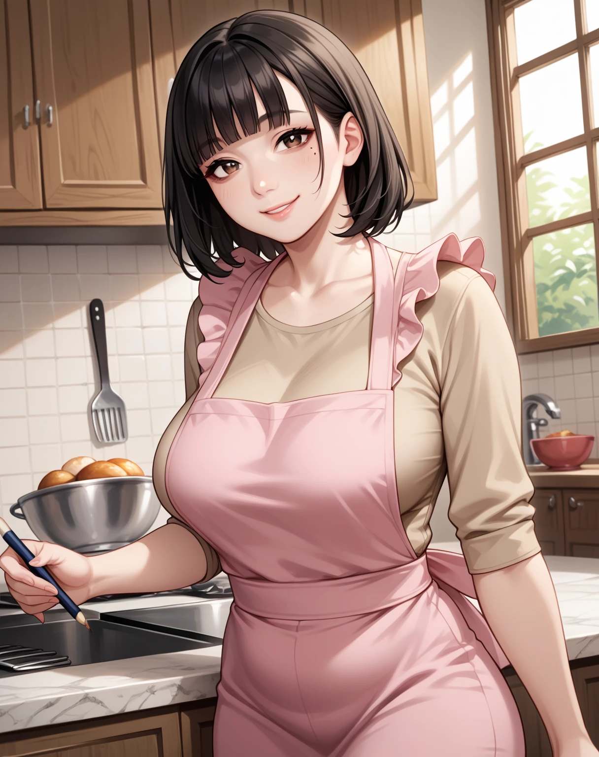 core_9,score_8_up,score_7_up,),score_9,score_8_up,score_7_up, {{artist: floox}} {{flat color, 2d, upper body, dutch angle, source_anime, indoors, kitchen, counter, leaning against counter, colorful, vibrant, looking at viewer, solo}} mature female, asian, Japanese, fair skin, plump, large breasts, mole under right eye, mature eyes, housewife, bags under eyes, black hair, brown eyes, medium hair, blunt bangs, sidelocks, beige shirt, pencil skirt, pink apron, frilly apron, gentle smile.
