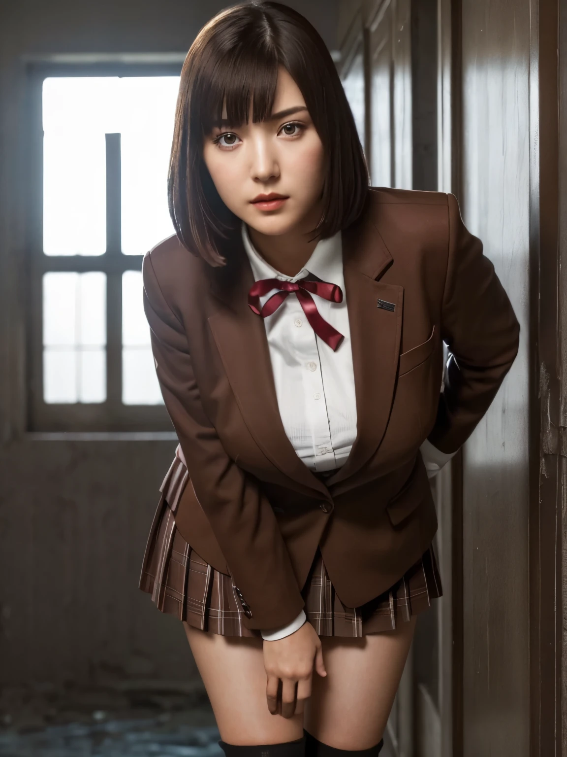 (highest quality:1.2, masterpiece:1.2), 8K, Professional Lighting, Cinematic Lighting, ultra realistic & detailed portrait of Kurihara Chiyo (Prison School), (dark brown hair, bangs, bob short), ((ribbon on neck, collar formal shirt, brown school jacket, brown school blazer, check skirt, knee high sock, shoes)), (detailed eyes, perfect eyes, fine eyes, clear eyes), ((ultra realistic interior of narrow & abandoned school, ultra detailed interior of school, dark atmosphere)), (ultra huge breasts, ultra huge cleavages, ultra huge tits, ultra huge boob), standing, ((looking at viewer)), cowboy shot, zoom up angle, close up angle, (half-smile, sweet smile), 