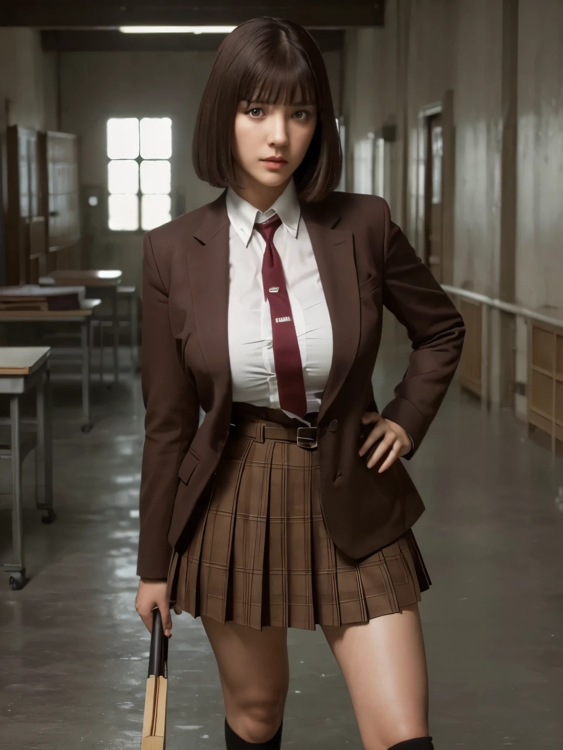 (highest quality:1.2, masterpiece:1.2), 8K, Professional Lighting, Cinematic Lighting, ultra realistic & detailed portrait of Kurihara Chiyo (Prison School), (dark brown hair, bangs, bob short), ((ribbon on neck, collar formal shirt, brown school jacket, brown school blazer, check skirt, knee high sock, shoes)), (detailed eyes, perfect eyes, fine eyes, clear eyes), ((ultra realistic interior of narrow & abandoned school, ultra detailed interior of school, dark atmosphere)), (ultra huge breasts, ultra huge cleavages, ultra huge tits, ultra huge boob), standing, ((looking at viewer)), cowboy shot, zoom up angle, close up angle, (half-smile, sweet smile), 