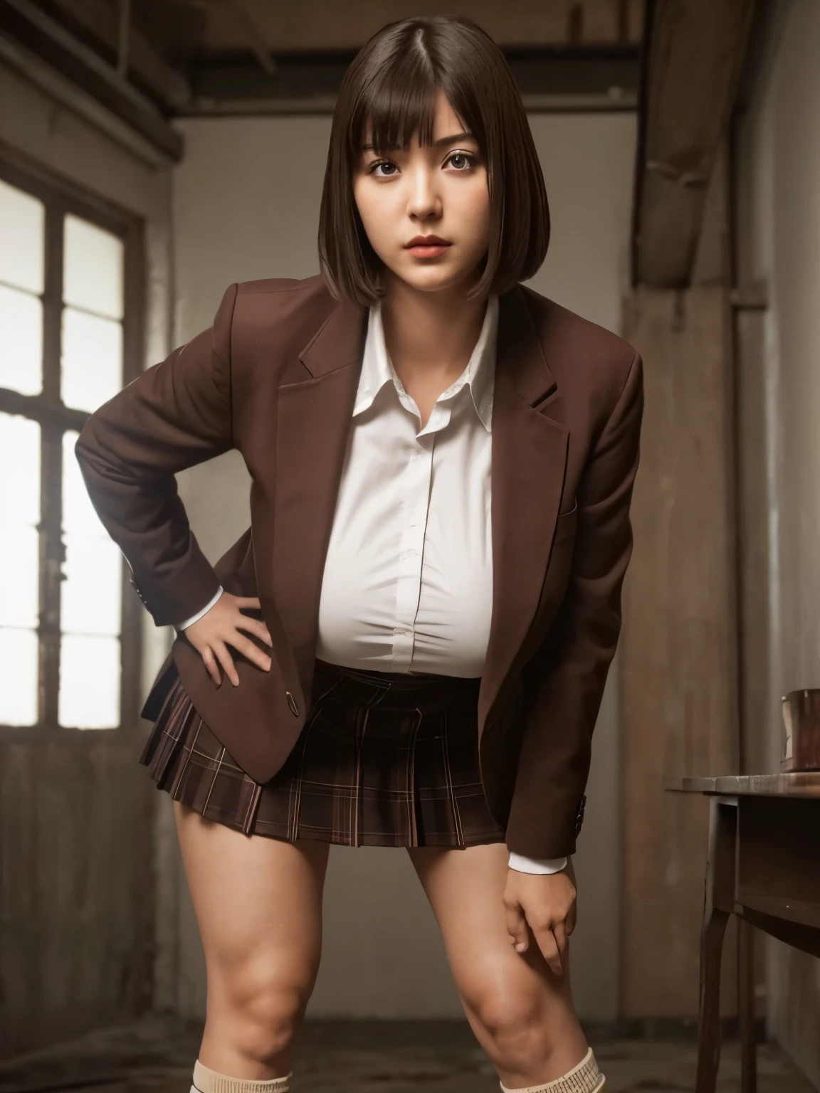 (highest quality:1.2, masterpiece:1.2), 8K, Professional Lighting, Cinematic Lighting, ultra realistic & detailed portrait of Kurihara Chiyo (Prison School), (dark brown hair, bangs, bob short), ((ribbon on neck, collar formal shirt, brown school jacket, brown school blazer, check skirt, knee high sock, shoes)), (detailed eyes, perfect eyes, fine eyes, clear eyes), ((ultra realistic interior of narrow & abandoned school, ultra detailed interior of school, dark atmosphere)), (ultra huge breasts, ultra huge cleavages, ultra huge tits, ultra huge boob), standing, ((looking at viewer)), cowboy shot, zoom up angle, close up angle, (half-smile, sweet smile), 