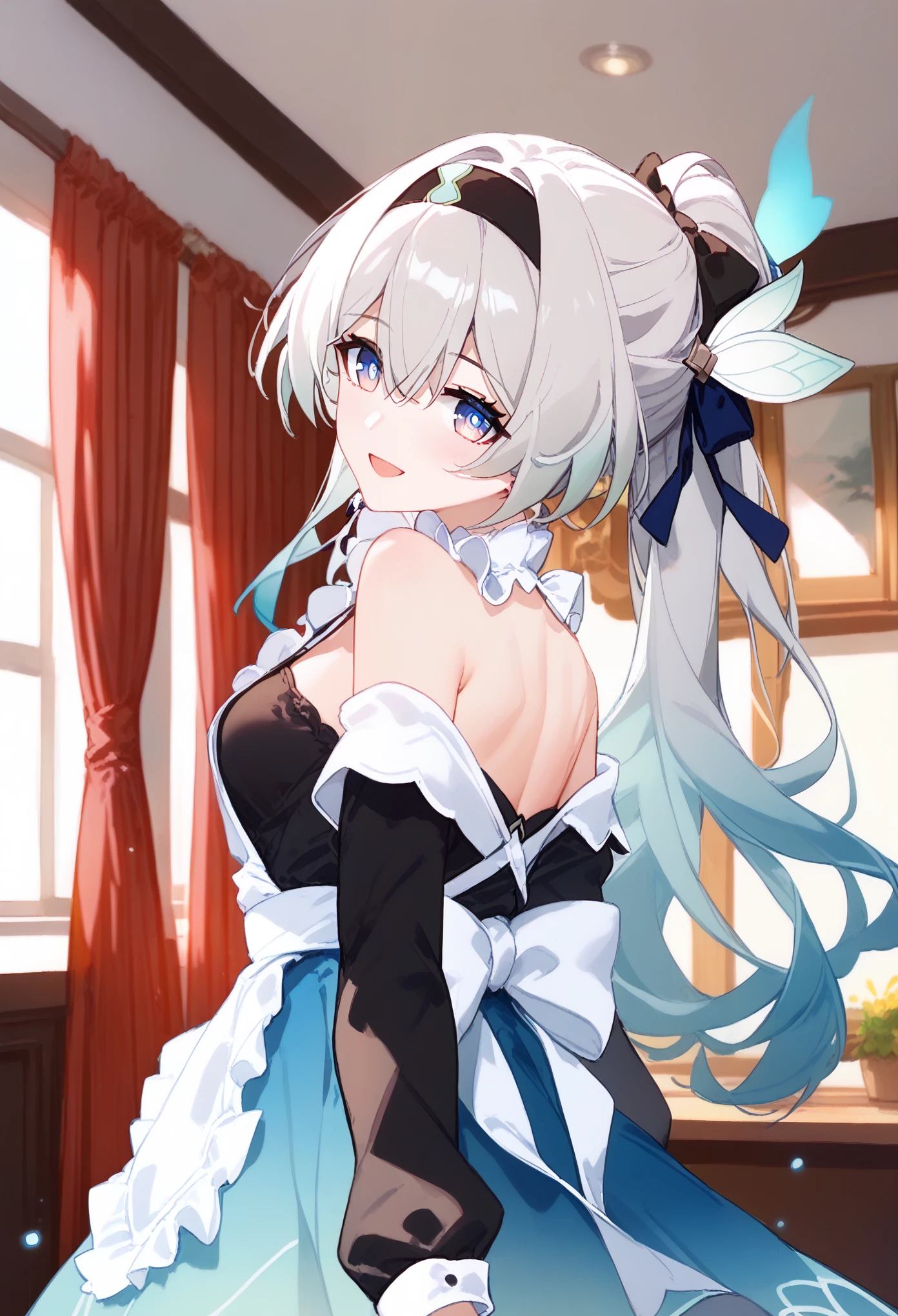 1girl, firefly,honkai star rail,solo, maid,long hair, breasts, looking at viewer, blush, smile, open mouth, blue eyes, long sleeves, hair ornament, hair between eyes, white hair, grey hair, hair ribbon, ponytail, sidelocks, hair bow, indoors, looking back, black shirt, blue skirt, window, gradient hair, hair intakes, black hairband, curtains, white apron,off shoulder, Eccentric shoulders, Collarbone, sleeveless, beautiful skin,
