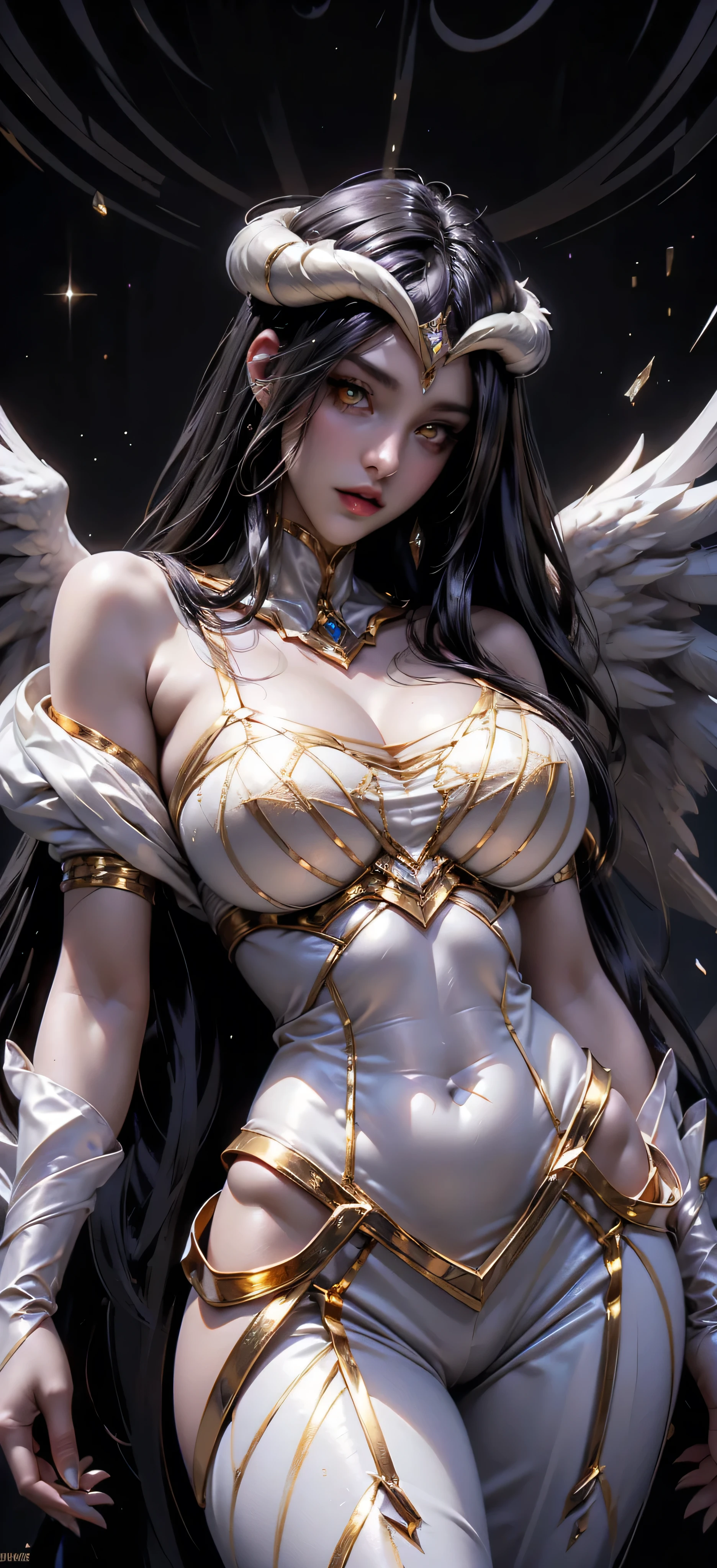 A (super realistic) beautiful sexy woman(albedo _overlord) with (golden eyes with perfect detailing) and white attire(detailed) with gold jewellery on perfect big breast, beautiful breast, black long beautiful hair, hyper detailed black  wings ,(wallpaper eyes pose)(wallpaper pose)(standing in middle with complete face visible and both eye to eye contact)(every thing with best detailing)