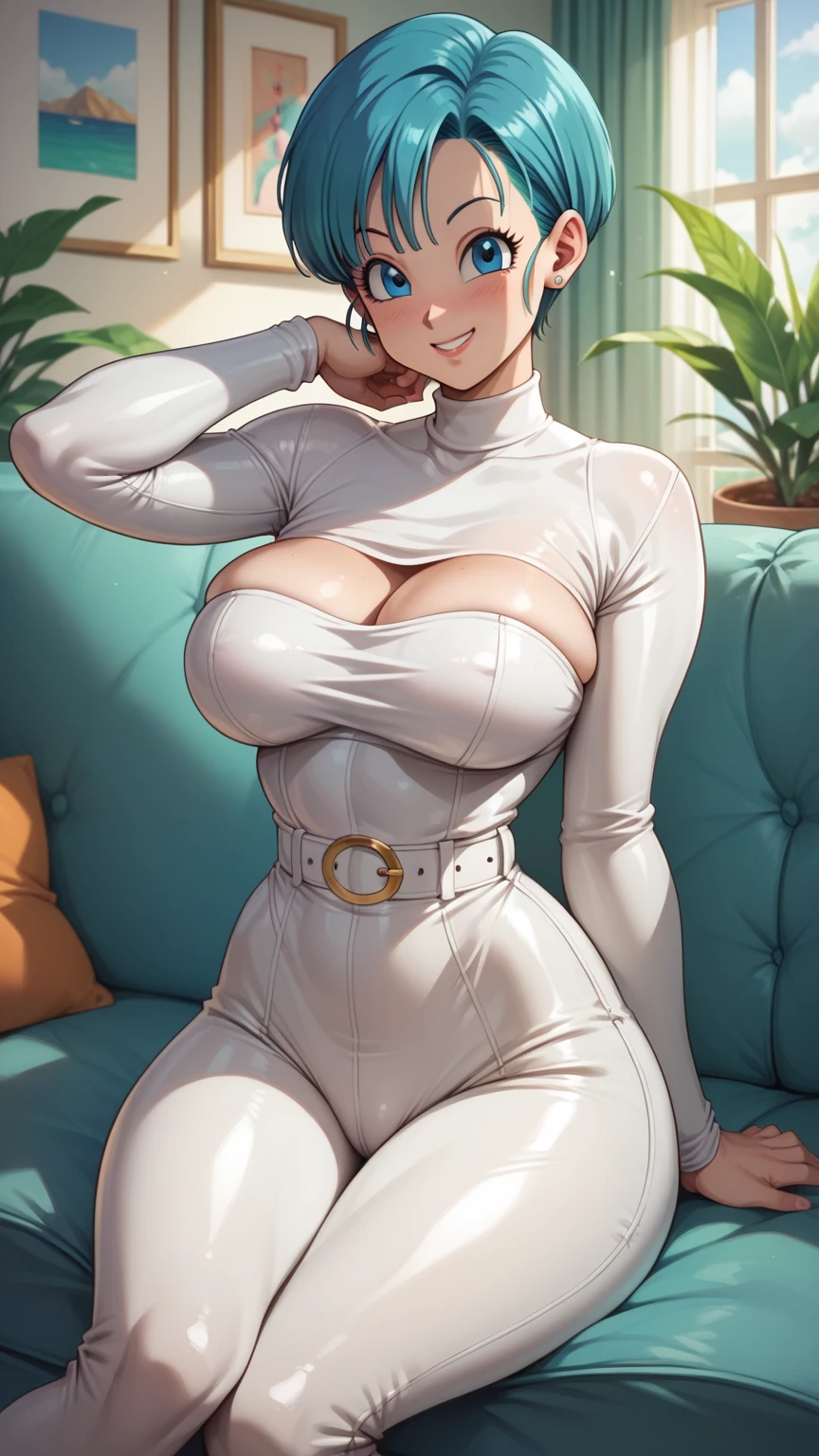 ((masterpiece)), ((best quality)) (ultra-detailed), (1girl, solo, mature female, large breasts, narrow waist, wide hips, sitting, couch, living room, looking at viewer, smile, bulma from dragon Ball, tight latex catsuit