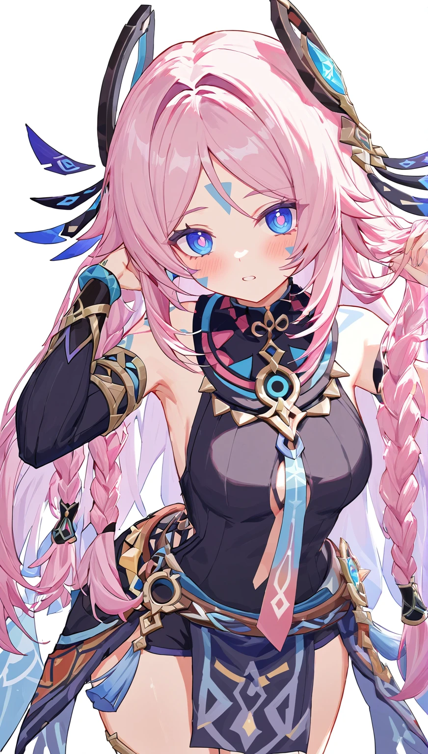 citlali,シトラリ(genshin impact),1girl,cowboy shot,pink hair,parted bangs,very long hair,hair down,braids,hair ornament,facial Mark,blue eyes,pink pupils,tribal clothes,waistcloth,Genshin Impact Style,AddXL,touches hair,glowing eyes,blush,beautiful detailed,hyper detail,masterpiece,best quality,bright,hair ornament,facial Mark,citlali,white background