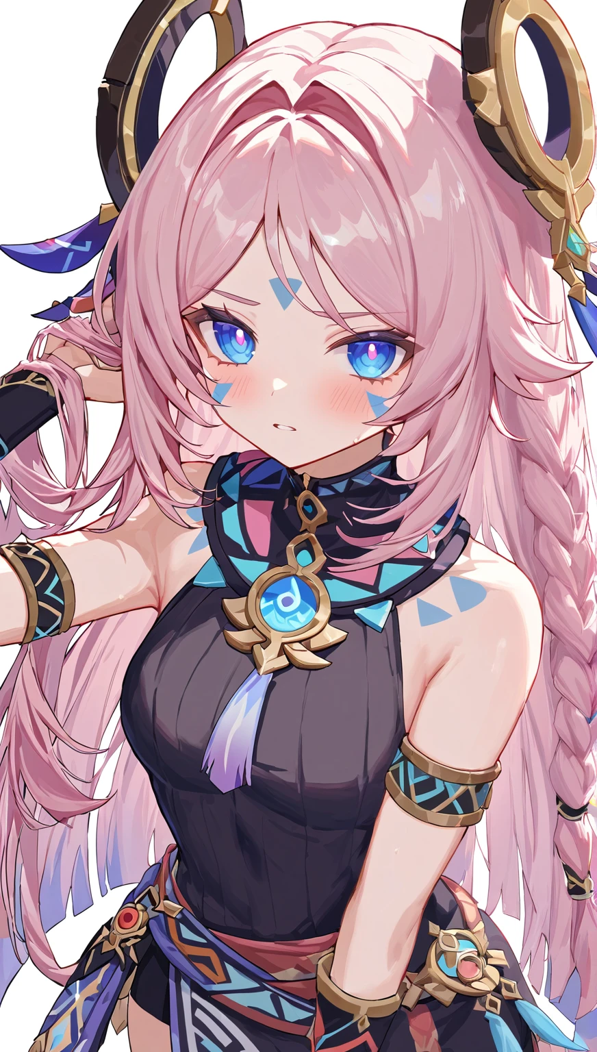 citlali,シトラリ(genshin impact),1girl,cowboy shot,pink hair,parted bangs,very long hair,hair down,braids,hair ornament,facial Mark,blue eyes,pink pupils,tribal clothes,waistcloth,Genshin Impact Style,AddXL,touches hair,glowing eyes,blush,beautiful detailed,hyper detail,masterpiece,best quality,bright,hair ornament,facial Mark,citlali,white background