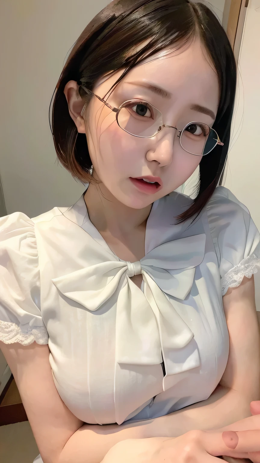 (nsfw:0.3),(   absurd:1.5),8k,(Detailed Photos:1.5),(Beautiful face and skin:1.3),( Ultra high definition description  :1.5),(Realistic:1.5), masterpiece,  professional photoshoot, blouse with bow and lace, Glasses,  Confused Expression 