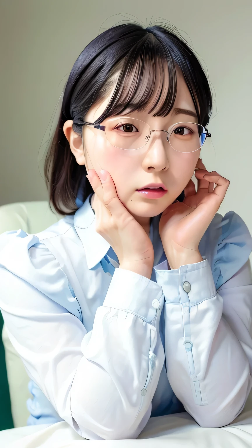 (nsfw:0.3),( absurd:1.5),8k,(Detailed Photos:1.5),(Beautiful face and skin:1.3),( Ultra high definition description :1.5),(Realistic:1.5), masterpiece, professional photoshoot, blouse with bow and lace, Glasses, Confused Expression