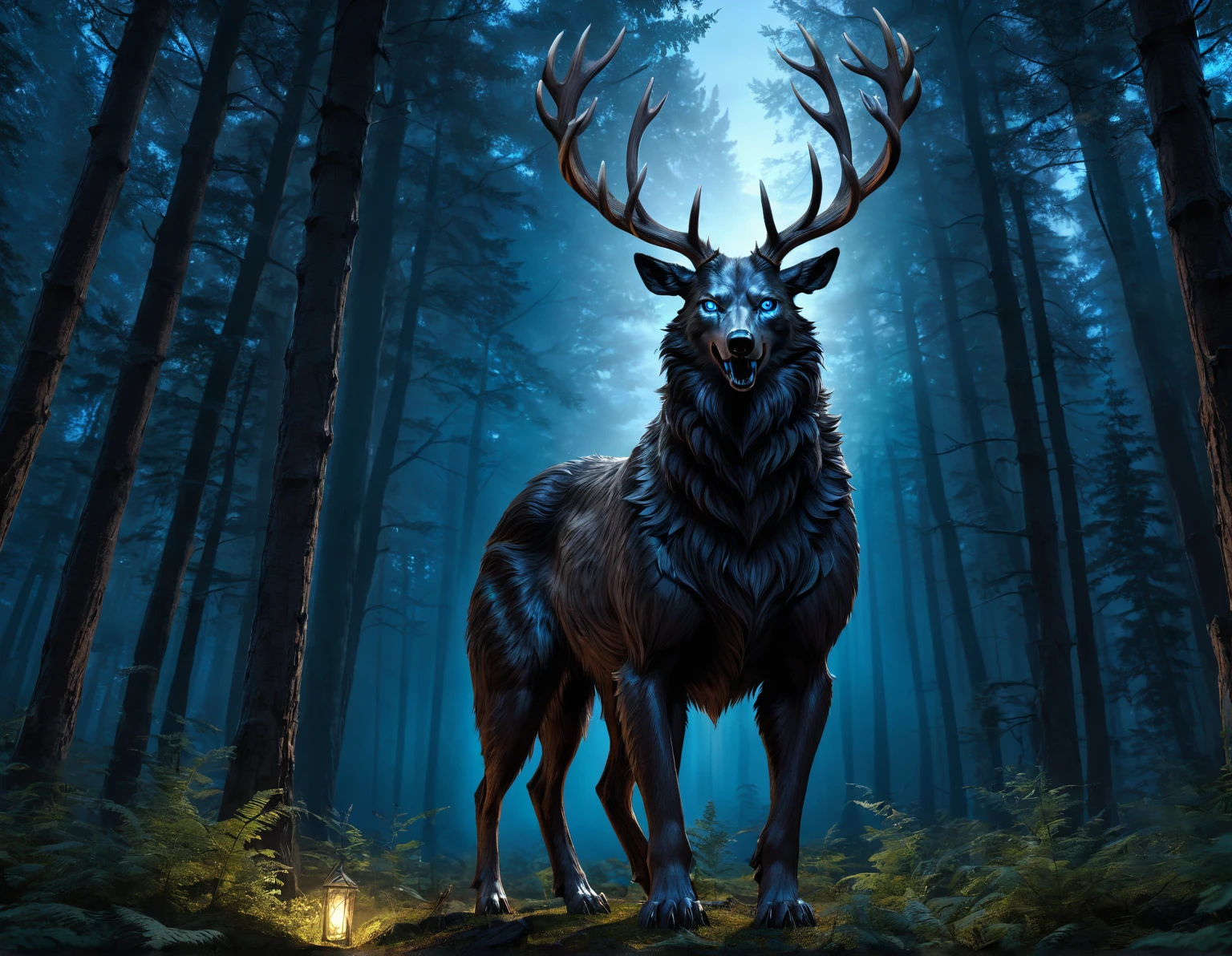 full body portrait of mythical beast, feral, standing bear, deer antlers, twisted antlers, wolf skull, cool blue eyes, bear wolf deer hybrid, wendigo, dark mysterious forest scenery, cinematic, volumetric lighting