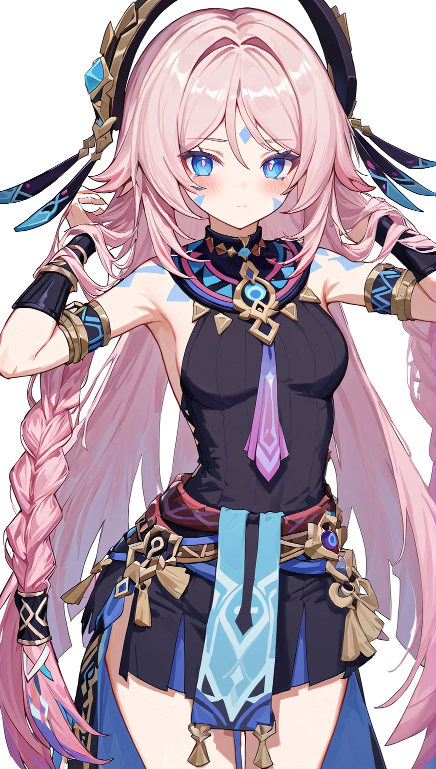 citlali,シトラリ(genshin impact),1girl,cowboy shot,pink hair,parted bangs,very long hair,hair down,braids,hair ornament,facial Mark,blue eyes,pink pupils,tribal clothes,waistcloth,Genshin Impact Style,AddXL,touches hair,glowing eyes,blush,beautiful detailed,hyper detail,masterpiece,best quality,bright,hair ornament,facial Mark,citlali,white background