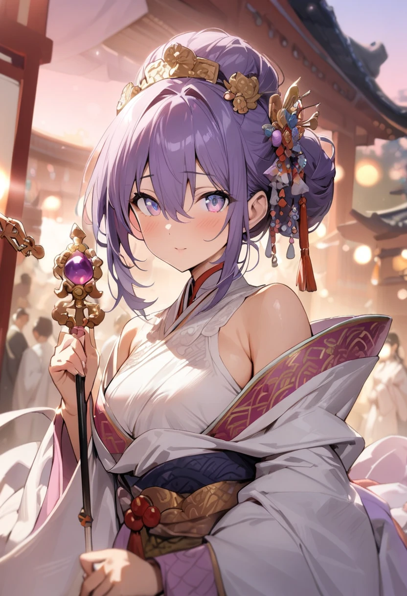 1girl, bride,solo focus,light eyes, purple hair, off shoulder,dynamic color,((masterpiece:1.3)),hair bun,hair between eyes,barong, gate, ceremony days, light pink sky, oriental accessories, wand,holding wand,blurry background,bokeh,