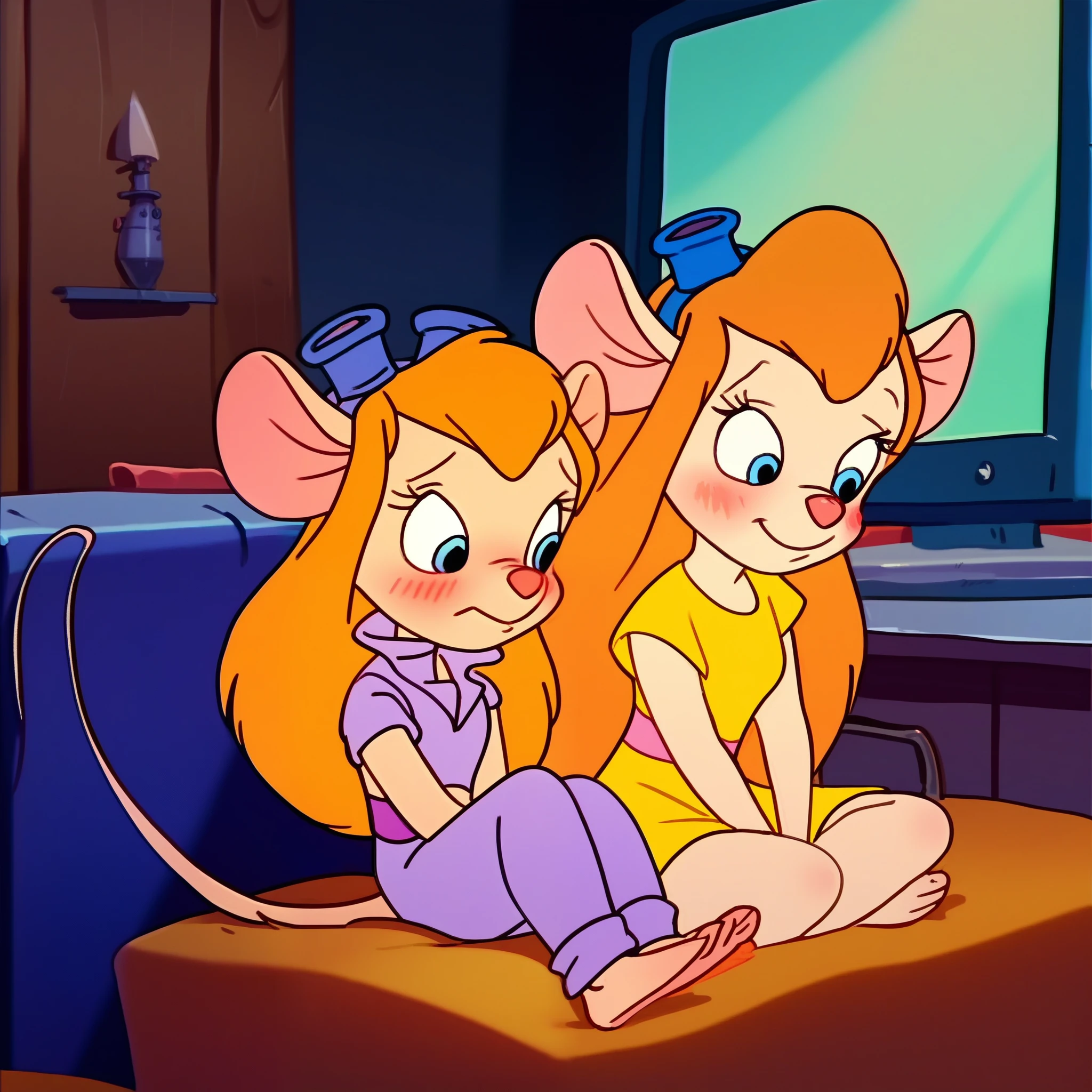 score_9, score_8, score_7, score_6, mouse tail, gadget, cartoon, score_8_up, score_7_up, , masterpiece, best quality, 2 girls, (beautiful woman), long hair, mouse tail, blush, (blushed), (shy), Gadget, Cartoon, , score_8_up, score_7_up, score_6_up, score_5_up, score_4_up, 2girs, mouse tail, Gadget, cartoon, but curvy body, tv screencap, 2girls, irl, sleeveless, sitting, looking at me, smiling, Mommy Waifu and her little Dauther, size difference