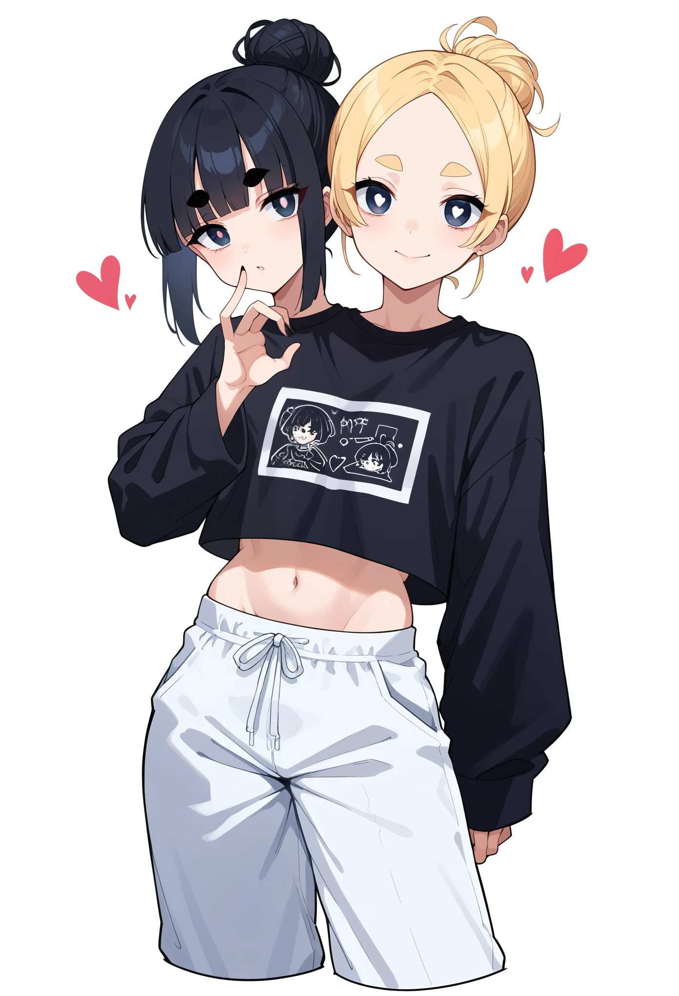Best resolution, anime girl with two heads, conjoined, black hair, blonde hair, different hairstyles, heart gesture, hime bangs, no bangs, hairbun, ponytail, painted fingernauls,round eyes, tsurime eyes, shirt round eyebrows, cropped shirt, baggy pants.modeling studio background