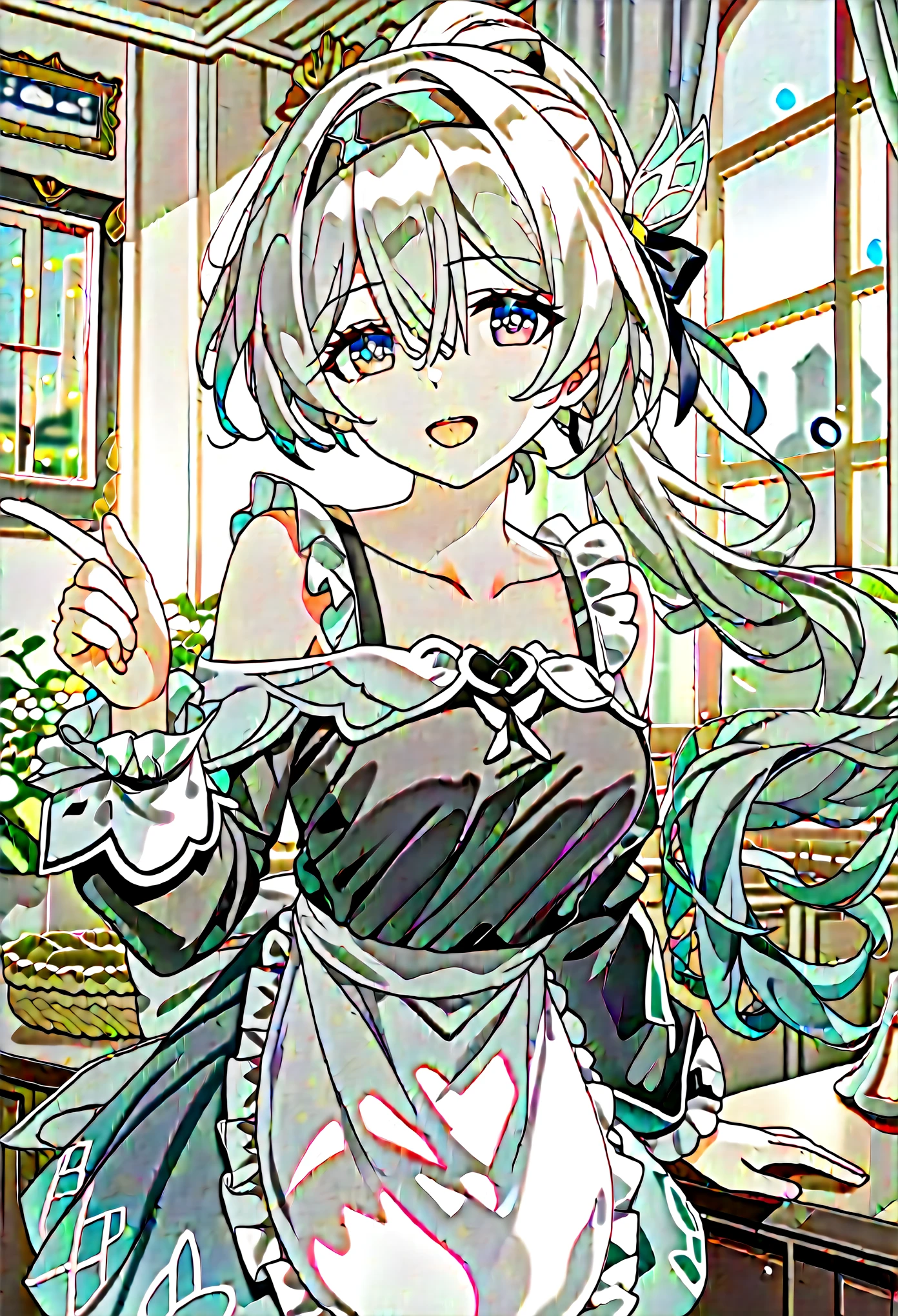 1girl, firefly,honkai star rail,solo, maid,long hair, breasts, looking at viewer, blush, smile, open mouth, blue eyes, long sleeves, hair ornament, hair between eyes, white hair, grey hair, hair ribbon, ponytail, sidelocks, hair bow, indoors, looking back, black shirt, blue skirt, window, gradient hair, hair intakes, black hairband, curtains, white apron,off shoulder, Eccentric shoulders, Collarbone, sleeveless, beautiful skin,