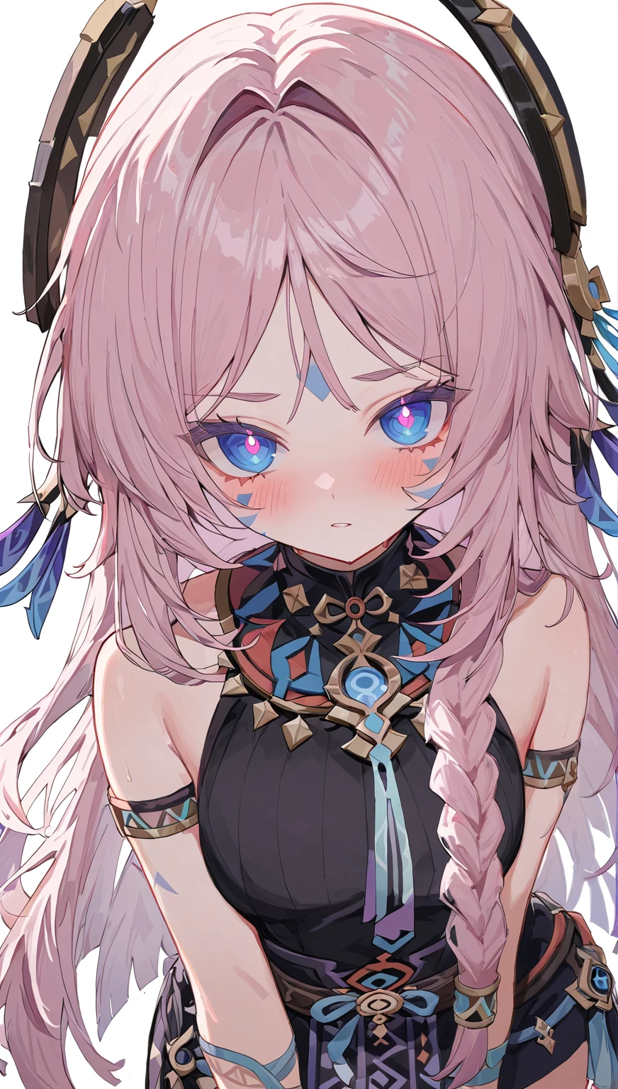 citlali,シトラリ(genshin impact),1girl,cowboy shot,pink hair,parted bangs,very long hair,hair down,braids,hair ornament,facial Mark,blue eyes,pink pupils,tribal clothes,waistcloth,Genshin Impact Style,AddXL,glowing eyes,blush,beautiful detailed,hyper detail,masterpiece,best quality,bright,hair ornament,facial Mark,citlali,white background