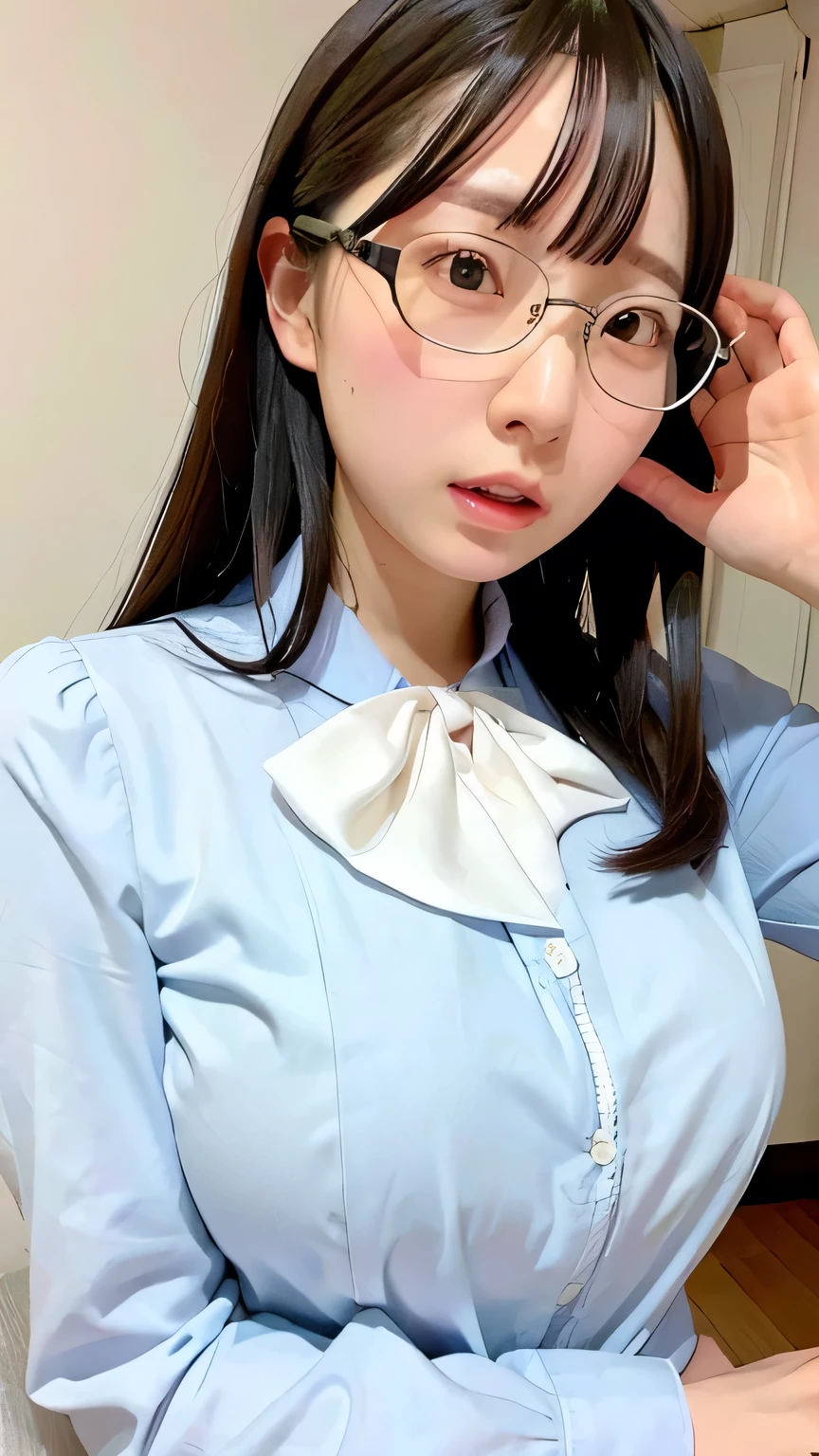 (nsfw:0.3),(   absurd:1.5),8k,(Detailed Photos:1.5),(Beautiful face and skin:1.3),( Ultra high definition description  :1.5),(Realistic:1.5), masterpiece,  professional photoshoot, blouse with bow and lace, Glasses,  Confused Expression , Big Breasts