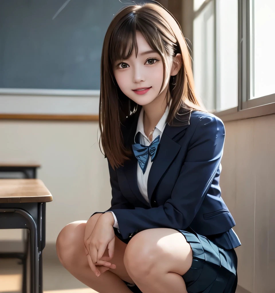 Best Quality、 ultra high resolution 、8k、masterpiece、Clear Photo、RAW photo、 sharp concentration 、 Delicate and beautiful 、( very cute girl using a breast pump、beautiful girl、Cute Mano Erina 、The cutest in the world)、(The elaborate high school girl uniform is cute、Navy blue blazer uniform、 white blouse)、 slender、 Very short、( dark blue pleated skirt 、 mini skirt:1.8)、Smile、 ( She is crouching forward with her legs spread out:1.6、 legs wide open :1.6)、In the classroom of the school building where the sunlight shines in、 Beautiful legs、 showing off my white panties:1.8