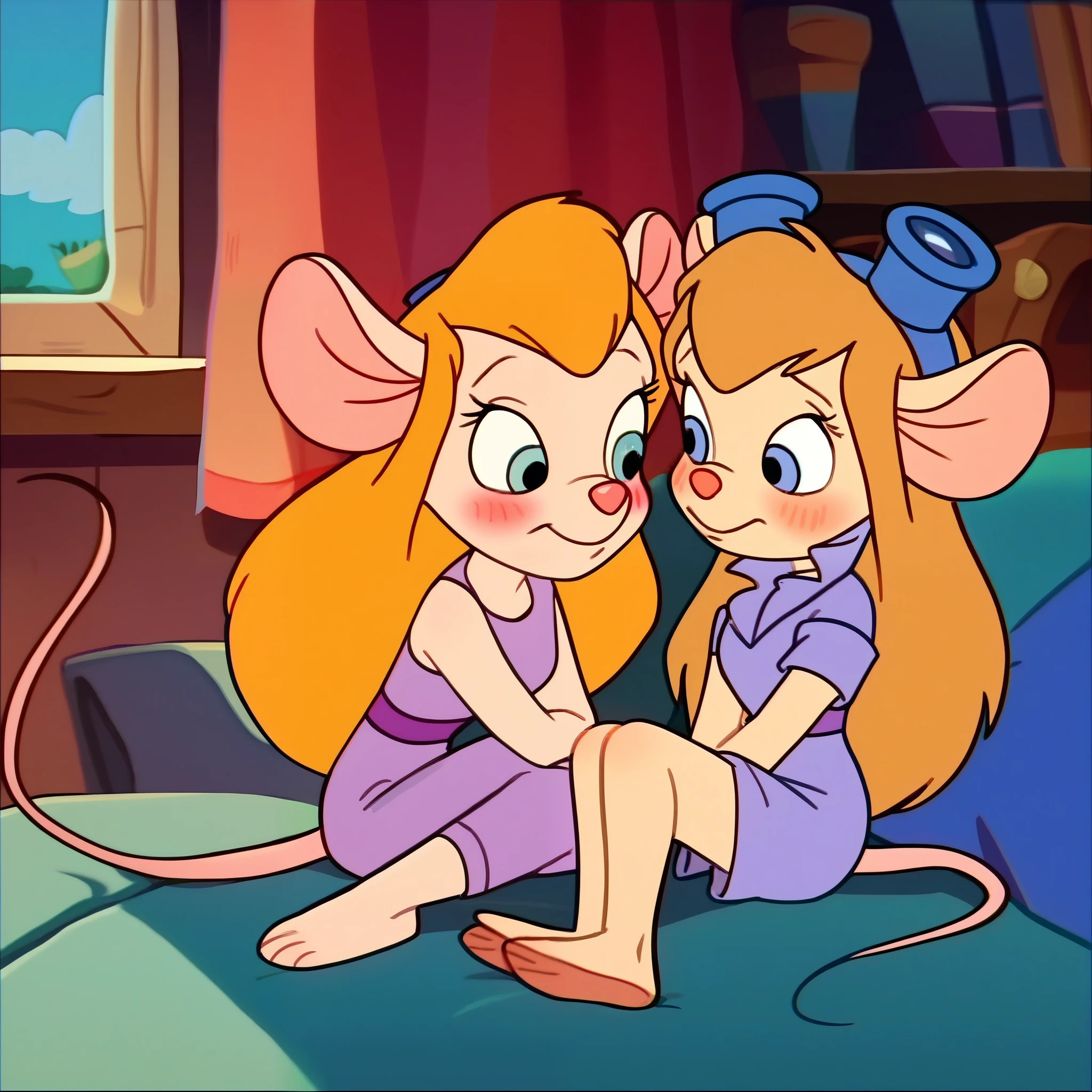 score_9, score_8, score_7, score_6, mouse tail, gadget, cartoon, score_8_up, score_7_up, , masterpiece, best quality, 2 girls, (beautiful woman), long hair, mouse tail, blush, (blushed), (shy), Gadget, Cartoon, , score_8_up, score_7_up, score_6_up, score_5_up, score_4_up, 2girs, mouse tail, Gadget, cartoon, but curvy body, tv screencap, 2girls, irl, sleeveless, sitting, looking at me, smiling, Mommy Waifu and her little Dauther, size difference