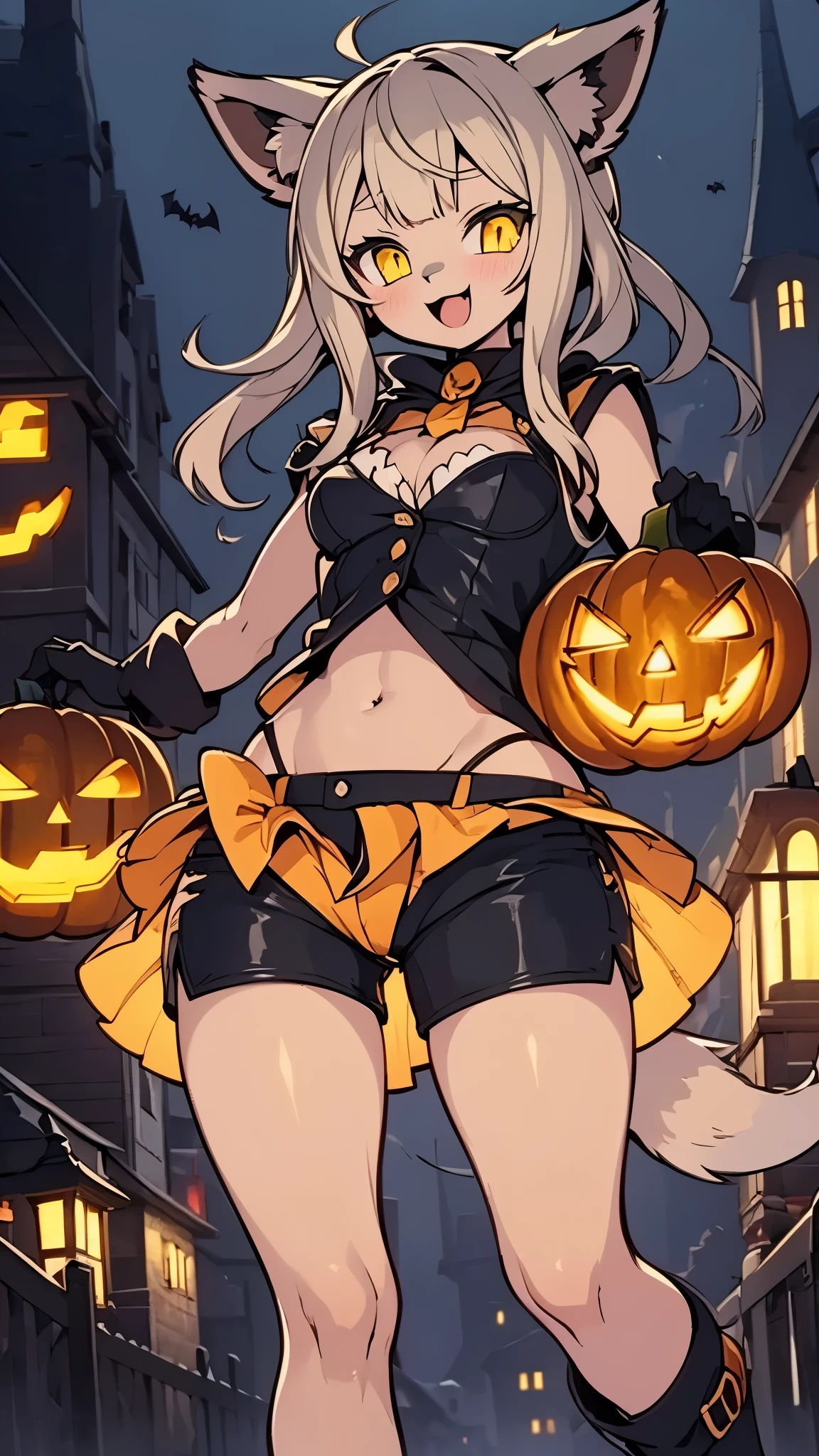 Halloween style，ghost girl，ghost girl，Female little devil laugh ，laugh at，Loli，cute，Halloween Background， street background ，万圣节 street background ，pumpkin lantern background ，Pumpkin background， carved pumpkin ，Thin waist and wide hips，Fleshy thighs， plush gloves ，Loli， wolf ear Loli ， brunette Loli ， yellow black wolf ear ， yellow black wolf ear ，Loli，Meat Leg，cute，Crazy ，laugh at，blush， furry hair ， furry shorts ， yellow and black shorts ， yellow and black vest，Navel， yellow vest ，yellow shorts ，Yellow hair，Navel，Human