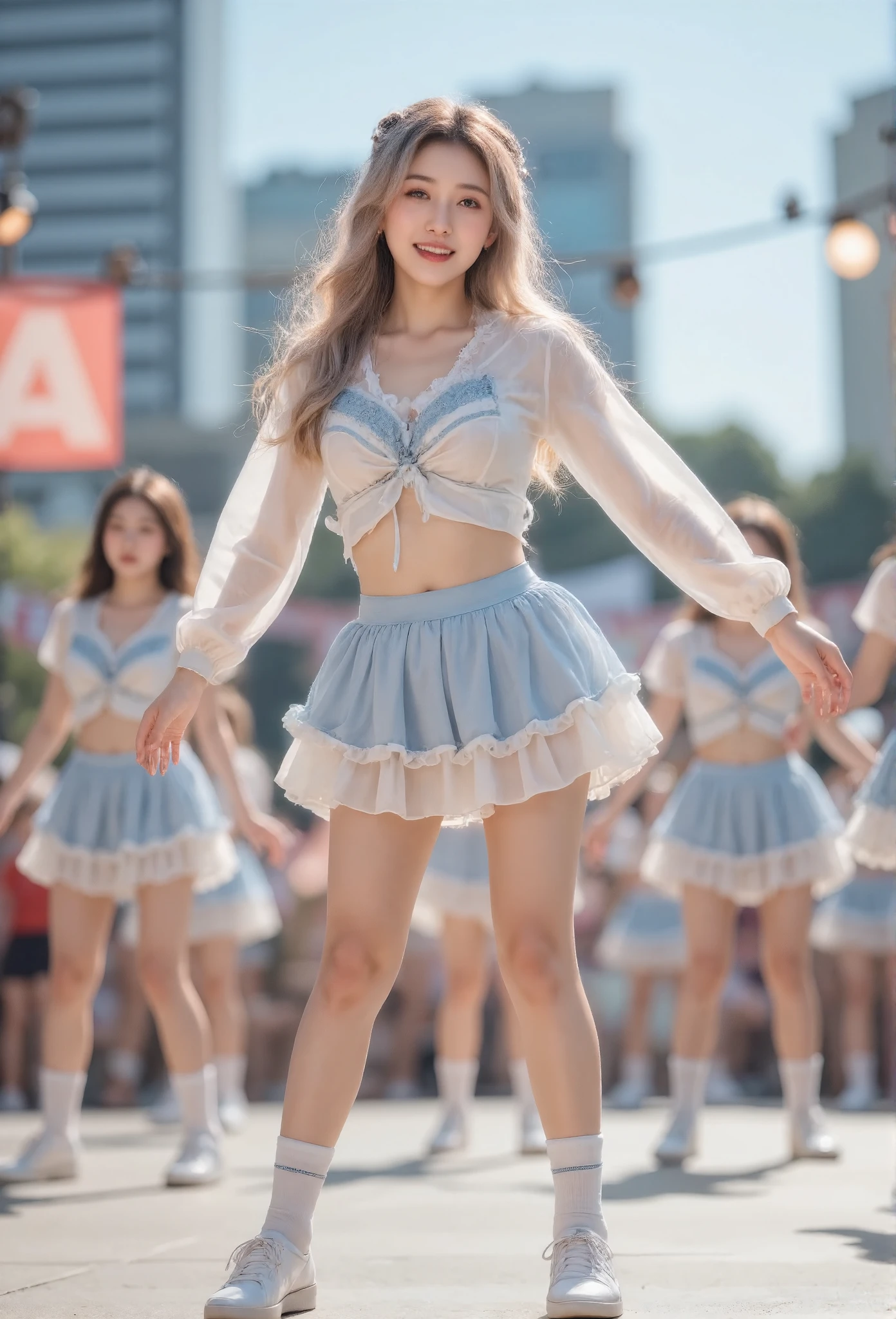 (Highest quality、 8K 、 masterpiece 、 high resolution )、 Full body shot 、、Idol、 mascot girl 、Lovely smile、 beautiful lips、Light hair color、Long Wave、Lovely eyes、Laughing and dancing 、Outdoor stage、AKB48 clothing、 actual 、 bright colors 、 Official Art 、Detailed CG、Professional lighting、Professional Photographer、
