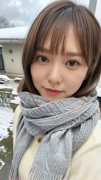 ((Show face only、Close-up of face、no-makeup))、(realistic、Photorealsitic、 ultra-detailed、Highest Details Skins、top-quality、​masterpiece、超A high resolution)、Cute Japan Woman、、hi-school girl、younggirl、1 girl in、I have bangs、double eyelid、drooing eyes、Large black eyes、Japanese style face、ssmile、Charming、purity、Straight face、double tooth、View here、Realistic skin type、Thick muffler、Grey muffler、fluffy hair、((Hair is inside the scarf:1.3))、Red cheeks、The wind is blowing、It's snowing、illuminations、Lighting from behind