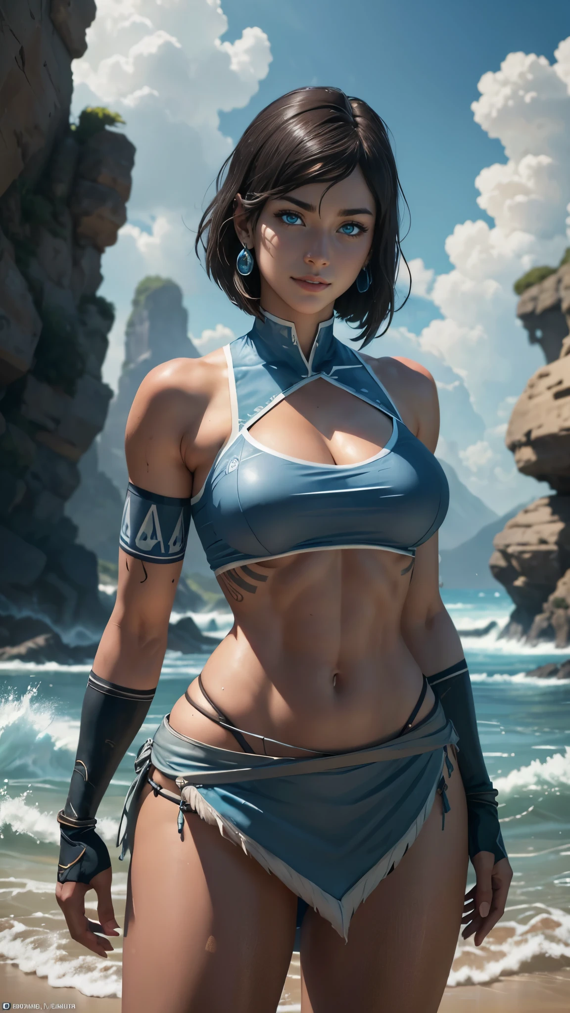 Korra da avatar,(best quality, 4K,8k,high resolution,work of art:1.2)(weather: cloudy), palm beach background, tribal village, wide hips, short straight hair, brown hair, freckles, sleeveless tribal bikini top, thong bikini, long tribal skirt, thigh high tribal shoes, elbow long gloves, bracelets, earrings, cleavage, light makeup, dark eyeshadow, blush, combat pose, glowing eyes, ultra detailed,portrait,realistic,beautiful detailed blue eyes, beautiful detailed lips,extremely detailed eye and face, long eyelashes,average, large breasts,flying hair,beaming smile, sexy smile, powerful girl, bright coloured, dramatic lighting, water bending, wet body,