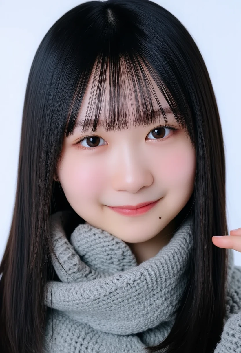 ((Show face only、Close-up of face、no-makeup))、(realistic、Photorealsitic、 ultra-detailed、Highest Details Skins、top-quality、​masterpiece、超A high resolution)、Cute Japan Woman、、hi-school girl、younggirl、1 girl in、I have bangs、double eyelid、drooing eyes、Large black eyes、Japanese style face、ssmile、Charming、purity、Straight face、double tooth、View here、Realistic skin type、Thick muffler、Grey muffler、fluffy hair、((Hair is inside the scarf:1.3))、Red cheeks、The wind is blowing、It's snowing、illuminations、Lighting from behind