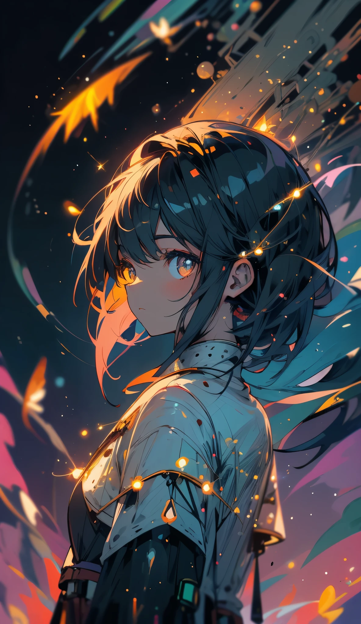 A person made of fireflies, surrounded by fireflies.