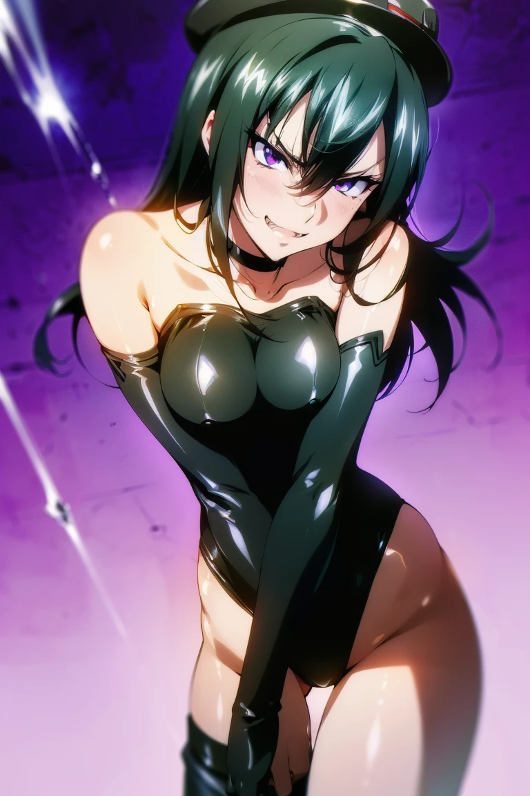 beautiful, masterpiece, ultra detailed, extremely detailed, ultra high res, 8k, beautiful detailed face, anime screencap, heart shaped face woman, (black hair:1.2), long hair, hair between eyes, large breasts, fearless face, sharp face, slant eyes, cat eyes, 170cm tall, adult, perfect proportion, (((black high-leg leotard))), (((bare shoulder, bare collarbone))), cleavage, (((thigh boots))), (((choker))), (((military cap))), anime style, ultra detailed beautiful face and eyes, front view, raw phot, incredibly absurdres, Beautiful portrait of cute anime girls, super fine illustration, full-hd, hdr, best aesthetic, distinct, exquisite, masterwork, by famous artist, highers, (((perfect anatomy))), mocking, (((rape face))), (((evil grin))), intense eyes, sadistic, gleaming skin, oil skin, slut face, full-face blush, smirking, mischievous grin, furrowed mouth, both legs, pouty lips, downturned corners, rosy hue, grin widely, cheeky smirk, (((bad-tempered glare))), gloating, crazy smile, scary face, cruel smile, fang, connected teeth,, (((elbow gloves))), (((big connected teeth)), glare, grimace, smirk, (((scowling face))), smile broadly, symmetrical eyes, even eyes, perfect eyes, (((squinting eyes))), deep detailed eyes, shiny clothes, 1girl, solo, smug, smile grimly, (((dimpled smile))), pink eyes, (((upper body shot and standing))), (((laugh))), (((pleasure face))), (((brutality face))), (((scary face))), (((fang))), perfect face, perfect femake body, (((light eyes, clear eyes, shiny eyes))), garter straps, enamel bondage, accurate face parts, Smooth and Flawless Skin, Expressive and Captivating Eyes, Well-Defined Facial Features, Radiant and Healthy Glow, Perfectly Proportioned Face, Graceful and Symmetrical Features, Fine Details and Realistic Textures, shiny, shiny hair, purple background, bare arms, cleavage cutout, bare breasts, bare chest, midriff peek, panties, thighs, garter straps, full body,

