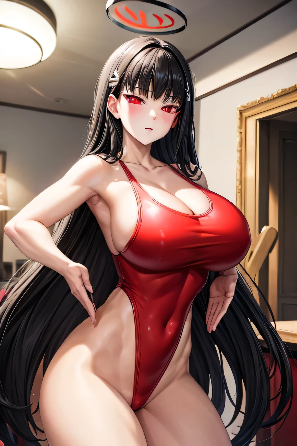 a highly detailed,solo women,rio, black hair, (red eyes:1.5), hair ornament, hairclip, halo, long hair,huge breasts,(white leotard), standing,(looking at viewer),determind,hotel room