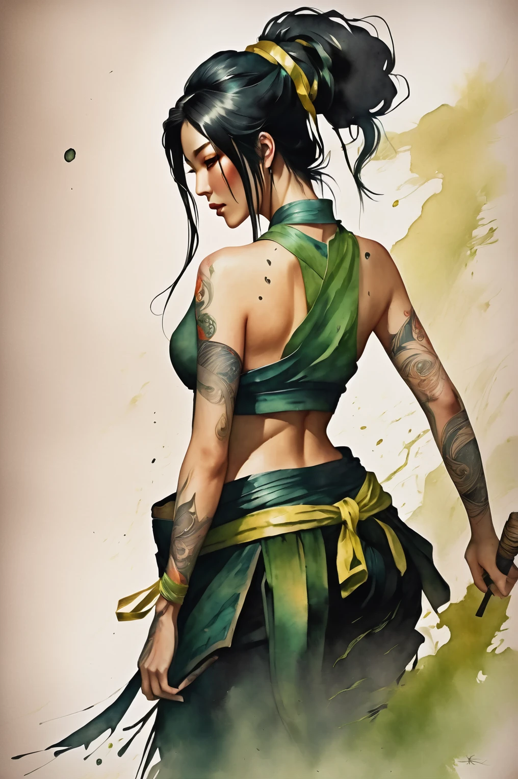 Akali ,a beautiful kunoichi, porcelain skin, green mouth mask, yellow eyes, black hair, swept bangs, green ribbon, hair ribbon, long ponytail, arm tattoo, tattoo, medium breasts, bare shoulders, green crop top,, Harrison Fisher and Catrin Welz-Stein art style, vivid colors, highly detailed, full body portrait, cinematic lighting, dramatic pose, elegant, graceful, regal, intricate details, masterpiece, photorealistic, 8k, best quality,score_9, score_8_up, score_7_up, score_6_up, score_5_up, score_4_up,