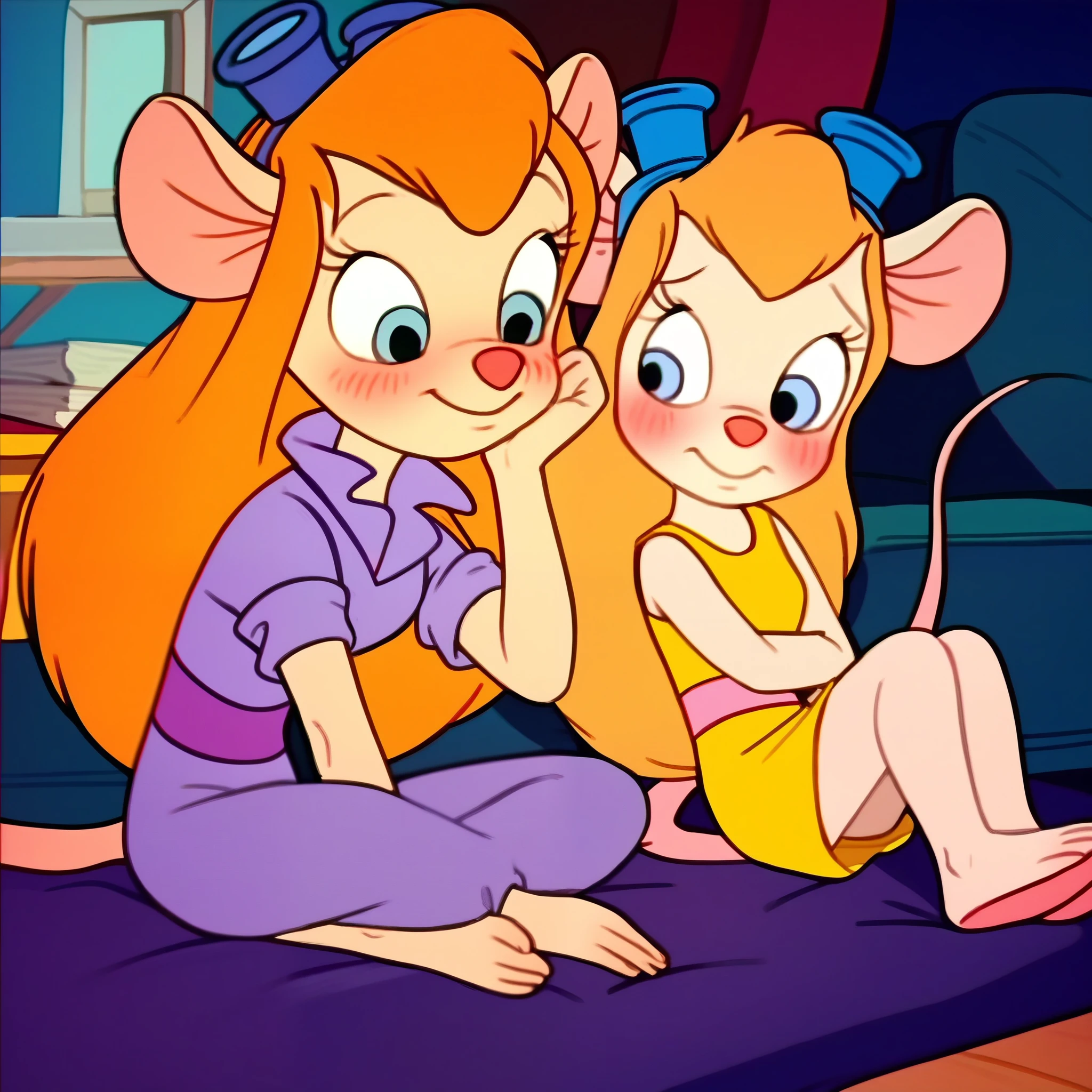 score_9, score_8, score_7, score_6, mouse tail, gadget, cartoon, score_8_up, score_7_up, , masterpiece, best quality, 2 girls, (beautiful woman), long hair, mouse tail, blush, (blushed), (shy), Gadget, Cartoon, , score_8_up, score_7_up, score_6_up, score_5_up, score_4_up, 2girs, mouse tail, Gadget, cartoon, but curvy body, tv screencap , 2girls, irl, sleeveless, sitting, looking at me, smiling, Mommy Waifu and her little Dauther, size difference