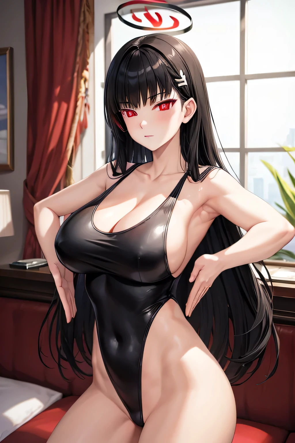 a highly detailed,solo women,rio, black hair, (red eyes:1.5), hair ornament, hairclip, halo, long hair,huge breasts,(white leotard), standing,(looking at viewer),determind,hotel room