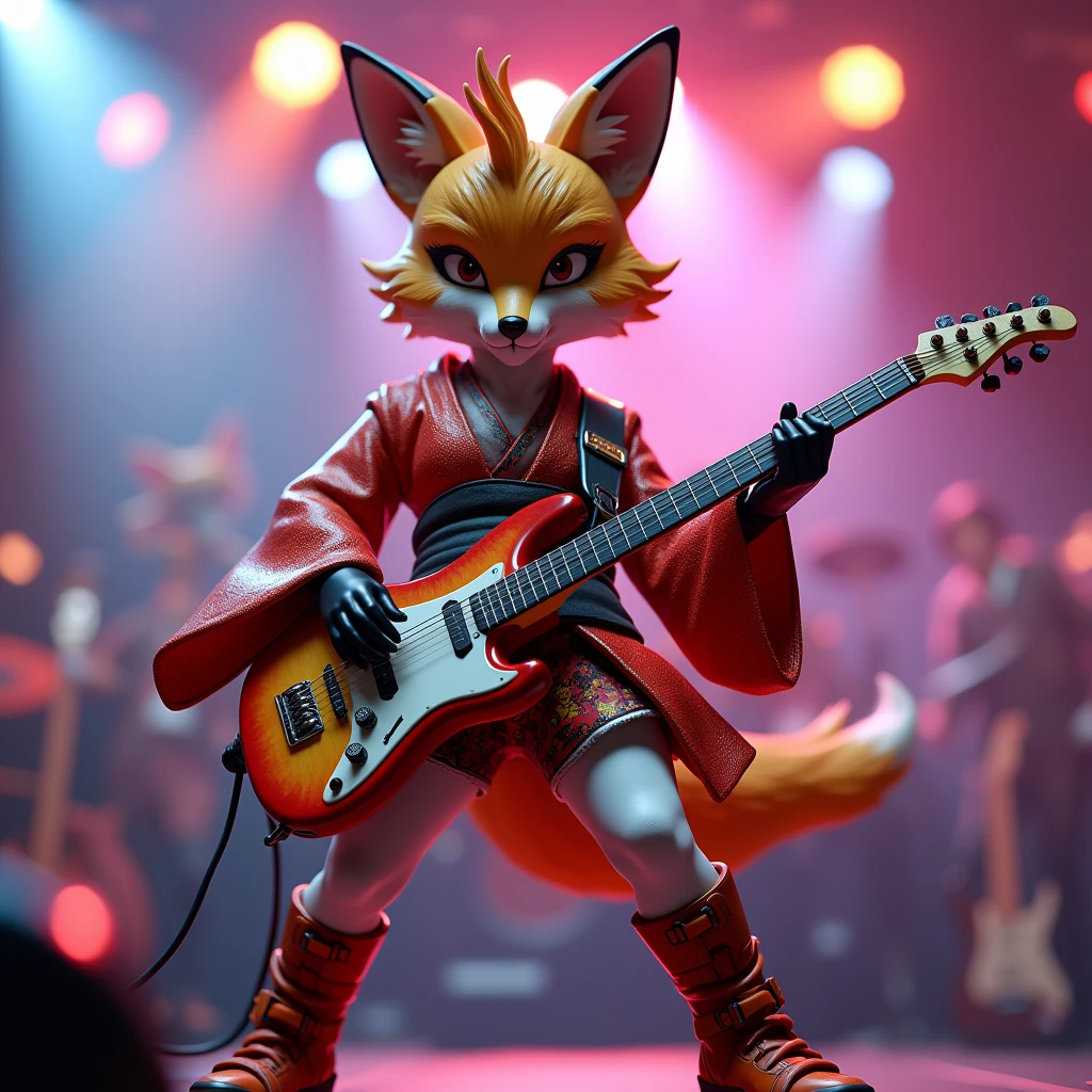 Cute 3D figurine of a fox virtual idol, kimono-inspited extravagant outfit, holding an electric guitar, powerful stage presence, rock concert setting, energetic pose.