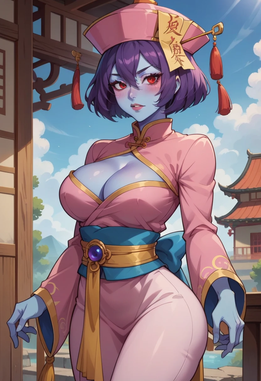 straight-on,pose,looking at viewer,solo, BREAK, GAME_lei_lei_ownwaifu, www.ownwaifu.com, lei lei, colored skin, short hair, blue skin, breasts, flipped hair, large breasts, red eyes, purple hair, hair between eyes, blush, hat, jiangshi, chinese clothes, cleavage cutout, ofuda, cleavage, blush stickers, pants, pink headwear, dress, zombie, long sleeves, sash, wide sleeves, pink dress, sleeves past wrists, china dress, yellow sash, BREAK, official art, highres, scenery, (masterpiece:1.1), (best quality,:1.1), (high quality:1.1), (anime screencap:1.2),