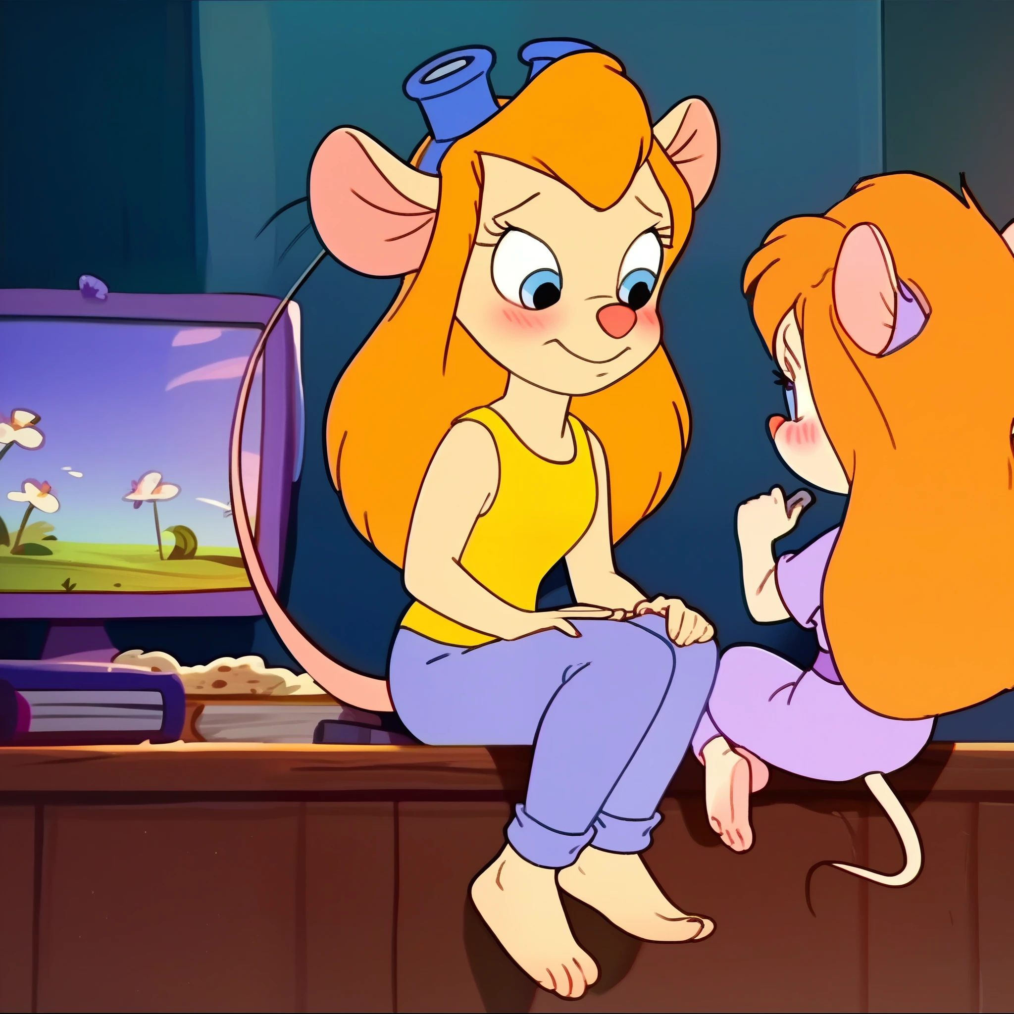 score_9, score_8, score_7, score_6, mouse tail, gadget, cartoon, score_8_up, score_7_up, , masterpiece, best quality, 2 girls, (beautiful woman), long hair, mouse tail, blush, (blushed), (shy), Gadget, Cartoon, , score_8_up, score_7_up, score_6_up, score_5_up, score_4_up, 2girs, mouse tail, Gadget, cartoon, but curvy body, tv screencap , 2girls, irl, sleeveless, sitting, looking at me, smiling, Mommy Waifu and her little Dauther, size difference