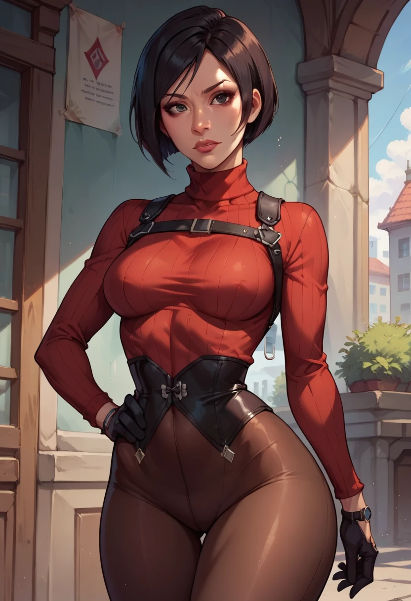 score_up_9, score_up_8, score_up_7, score_up_6, 1woman, mature, solo, medium breasts, slender waist, wide hip, thick thighs, Ada Wong, adasweater, black hair, short hair, black eyes, red sweater, turtleneck, harness, pantyhose, black gloves, belt