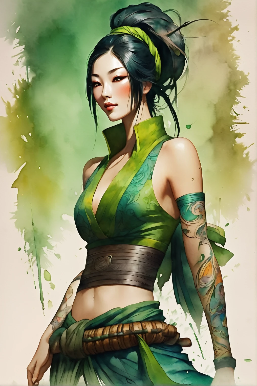 Akali ,a beautiful kunoichi, porcelain skin, beautiful face green mouth mask, yellow eyes, long black hair, swept bangs, green ribbon, hair ribbon, long ponytail, arm tattoo, tattoo, medium breasts, bare shoulders, green crop top,, Harrison Fisher and Catrin Welz-Stein art style, vivid colors, highly detailed, full body portrait, cinematic lighting, dramatic pose, elegant, graceful, regal, intricate details, masterpiece, photorealistic, 8k, best quality,score_9, score_8_up, score_7_up, score_6_up, score_5_up, score_4_up,