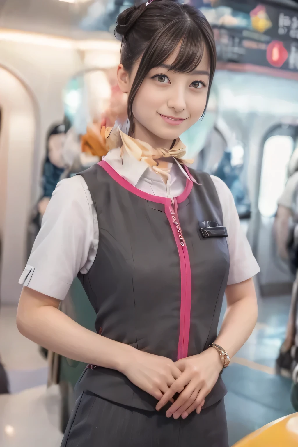 (masterpiece:1.2, Best Quality:1.2), 32kHDR,  high definition, (Alone、 one girl playing pranks)、（Take the Shinkansen、 professional lighting visible right in front of you）、Car interior background、（Realistic style of the JR Gran Class crew uniform ）、Short sleeve blouse、Put a scarf around your neck、（ JR Gran Class flight attendant uniform with pink parts on the sleeve of the skirt ）、（ The JR Gran Class flight attendant uniform has a pink line on the front zipper on the vest..）、 dark brown hair、（Hair tied up、Hair Bun、Hair Bun）、 dark brown hair、Long Hit、Big Breasts、（（Great hands：2.0）），（（ Harmonious Body Proportions ：1.5）），（（Normal limbs：2.0）），（（Usually refers to：2.0）），（（ Delicate Eyes ：2.0）），（（Normal eyes：2.0））)、Luxury Necklace、smile、Beautiful position,