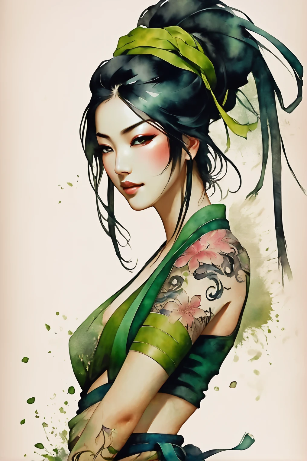 Akali ,a beautiful kunoichi, porcelain skin, beautiful face green mouth mask, yellow eyes, long black hair, swept bangs, green ribbon, hair ribbon, long ponytail, arm tattoo, tattoo, medium breasts, bare shoulders, green crop top,, Harrison Fisher and Catrin Welz-Stein art style, vivid colors, highly detailed, full body portrait, cinematic lighting, dramatic pose, elegant, graceful, regal, intricate details, masterpiece, photorealistic, 8k, best quality,score_9, score_8_up, score_7_up, score_6_up, score_5_up, score_4_up,