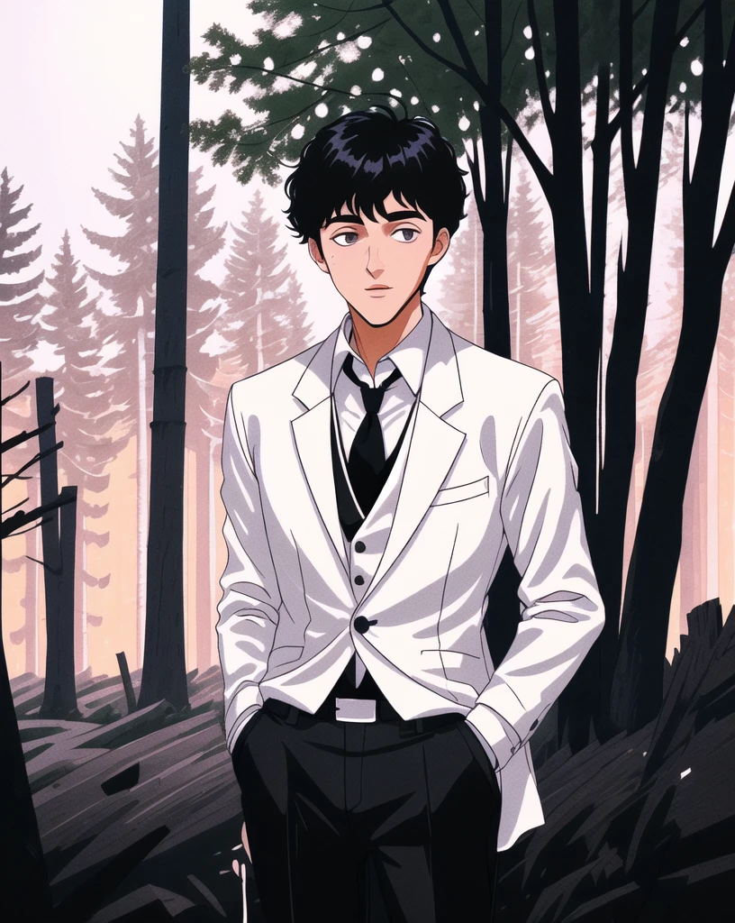 1man, 10 feet tall, short black hair, black eyes, white trench coat, black pants, black shirt, tie, vest, standing on ground, high res, ultra sharp, 8K, masterpiece,in the dark woods at Hyde Park Ny, singing "Everything She Wants By WHAM! in the warm summer night, far away from the town of Poughkeepsie NY