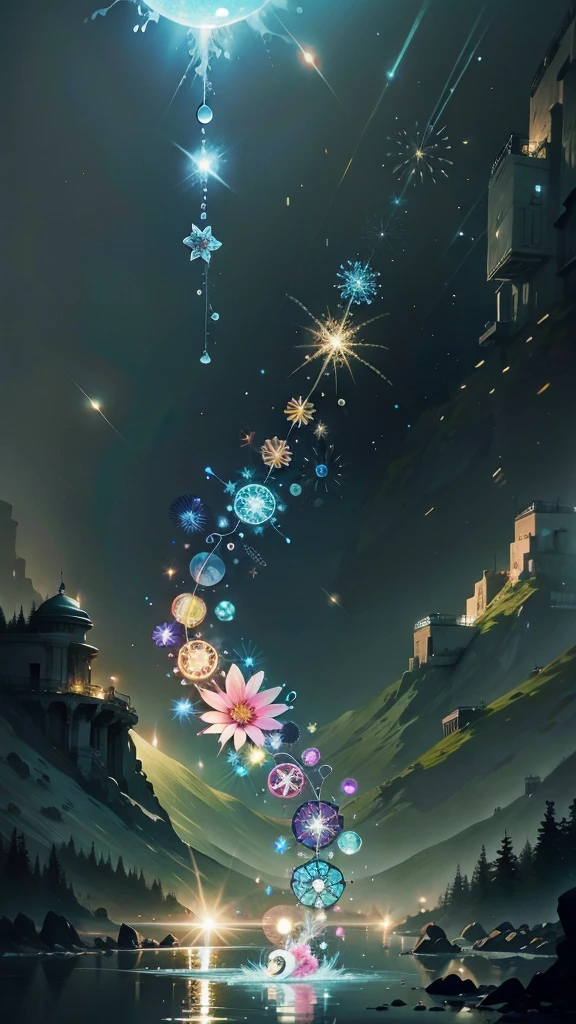  Crystal Fluorescent Flashy Flower  ,Fluorescent Fireworks  , magic, dream catcher,Twinkling Star , space, floating, Moon Moon  ,  Sparkling Diamond Dust，Night Sky，  float on the surface of the water