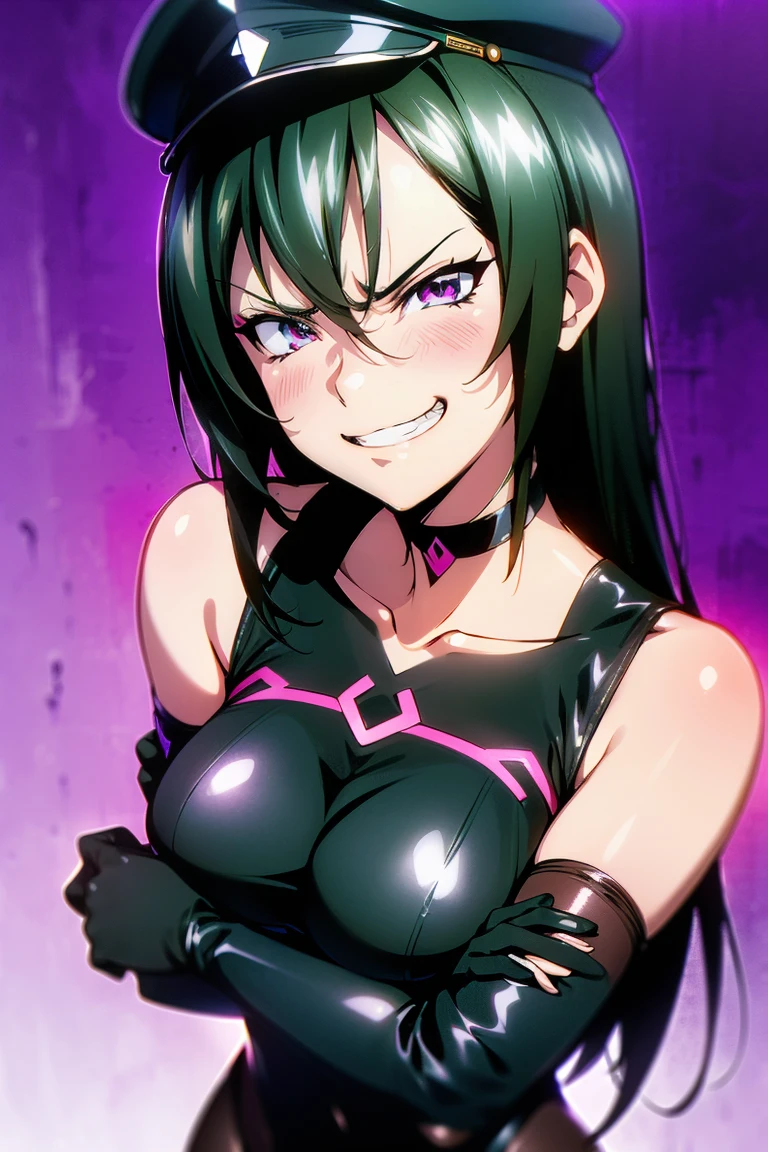 beautiful, masterpiece, ultra detailed, extremely detailed, ultra high res, 8k, beautiful detailed face, anime screencap, heart shaped face woman, (black hair:1.2), long hair, hair between eyes, large breasts, fearless face, sharp face, slant eyes, cat eyes, 170cm tall, adult, perfect proportion, (((black high-leg leotard))), (((bare shoulder, bare collarbone))), cleavage, (((thigh boots))), choker, (((military cap))), anime style, ultra detailed beautiful face and eyes, front view, raw phot, incredibly absurdres, Beautiful portrait of cute anime girls, super fine illustration, full-hd, hdr, best aesthetic, distinct, exquisite, masterwork, by famous artist, highers, (((perfect anatomy))), mocking, (((rape face))), (((evil grin))), intense eyes, sadistic, gleaming skin, oil skin, slut face, full-face blush, smirking, mischievous grin, furrowed mouth, both legs, pouty lips, downturned corners, rosy hue, grin widely, cheeky smirk, (((bad-tempered glare))), gloating, crazy smile, scary face, cruel smile, fang, connected teeth,, (((elbow gloves))), (((big connected teeth)), glare, grimace, smirk, (((scowling face))), smile broadly, symmetrical eyes, even eyes, perfect eyes, (((squinting eyes))), deep detailed eyes, shiny clothes, 1girl, solo, smug, smile grimly, (((dimpled smile))), pink eyes, (((laugh))), (((pleasure face))), (((brutality face))), (((scary face))), (((fang))), perfect face, perfect femake body, (((cleavage cutout))) (((light eyes, clear eyes, shiny eyes))), garter straps, sex, nsfw,(((chain leash, viewer holding chain leash, animal collar, collar, animal collar connected chain leash, the viewer holding chain leash))), (((hands on the ground, knees on the ground, all fours, on all fours, pet play, dog walking))), 