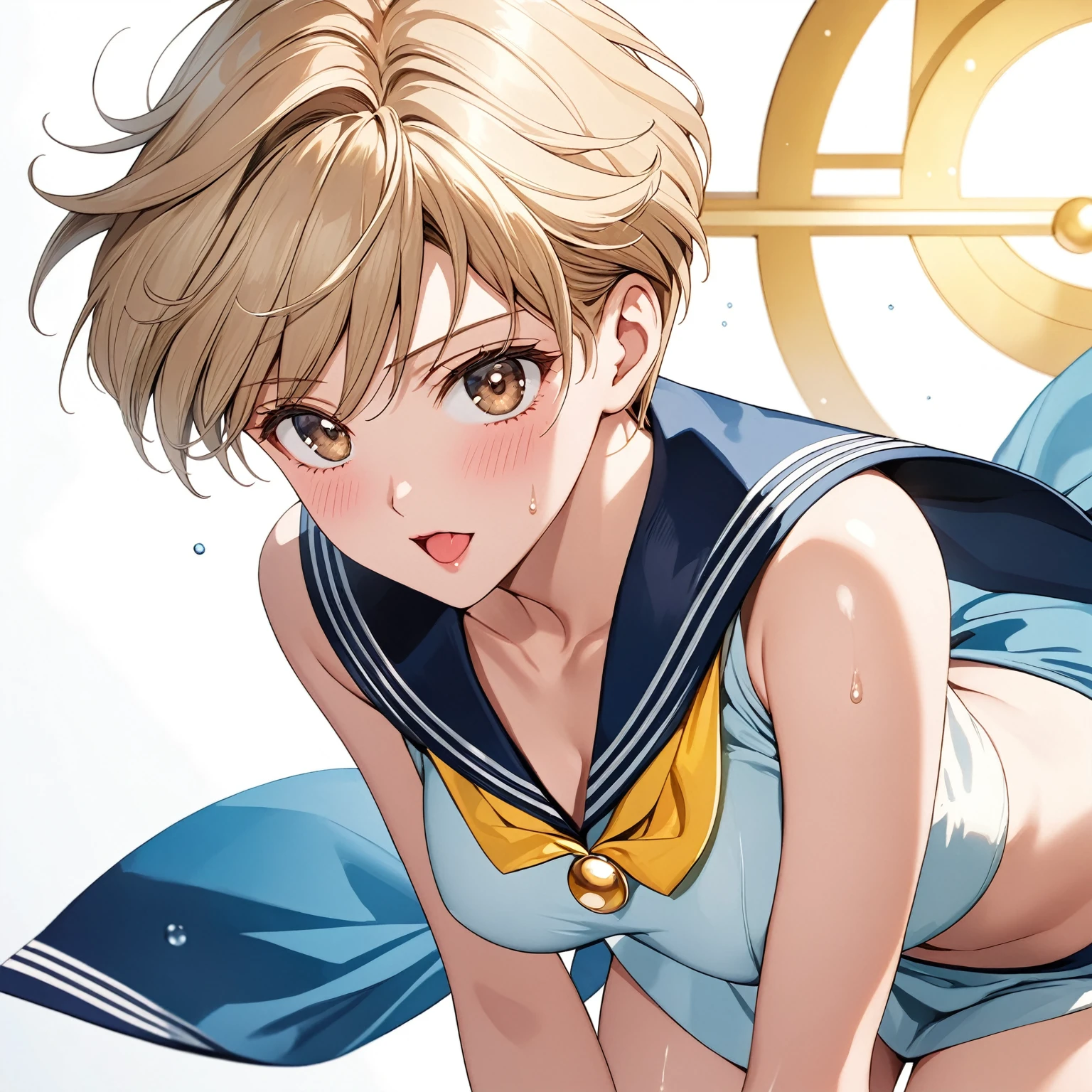 masterpiece, Best Quality, High resolution,16k,official art,super detailed skin,detailed,animated painting,(Sailor uranus:1.5),(E-cup beautiful breasts)、 (tall:1.2),height: 175cm,Fashion model body type、clevage,Sexy long legs, pale blondy hair,very shortcut hair、boyish,brown eyes,  (sailor uranus costume:1.5),Sweating all over the body、Muscular、1girl,solo,shy,blush,(vulgarity:1.2)、(Ahegao:1.3),Anime-style painting style,Close up on upper body,Cinematic lighting,Superfine,Seductively Posing,dynamic angle,extreme closeup shot,simple white background